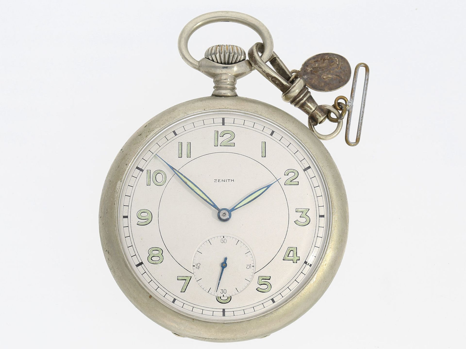 Taschenuhr: feine und sehr seltene Zenith Taschenuhr im Nickelgehäuse, mit seltenem Lederetui, ca.