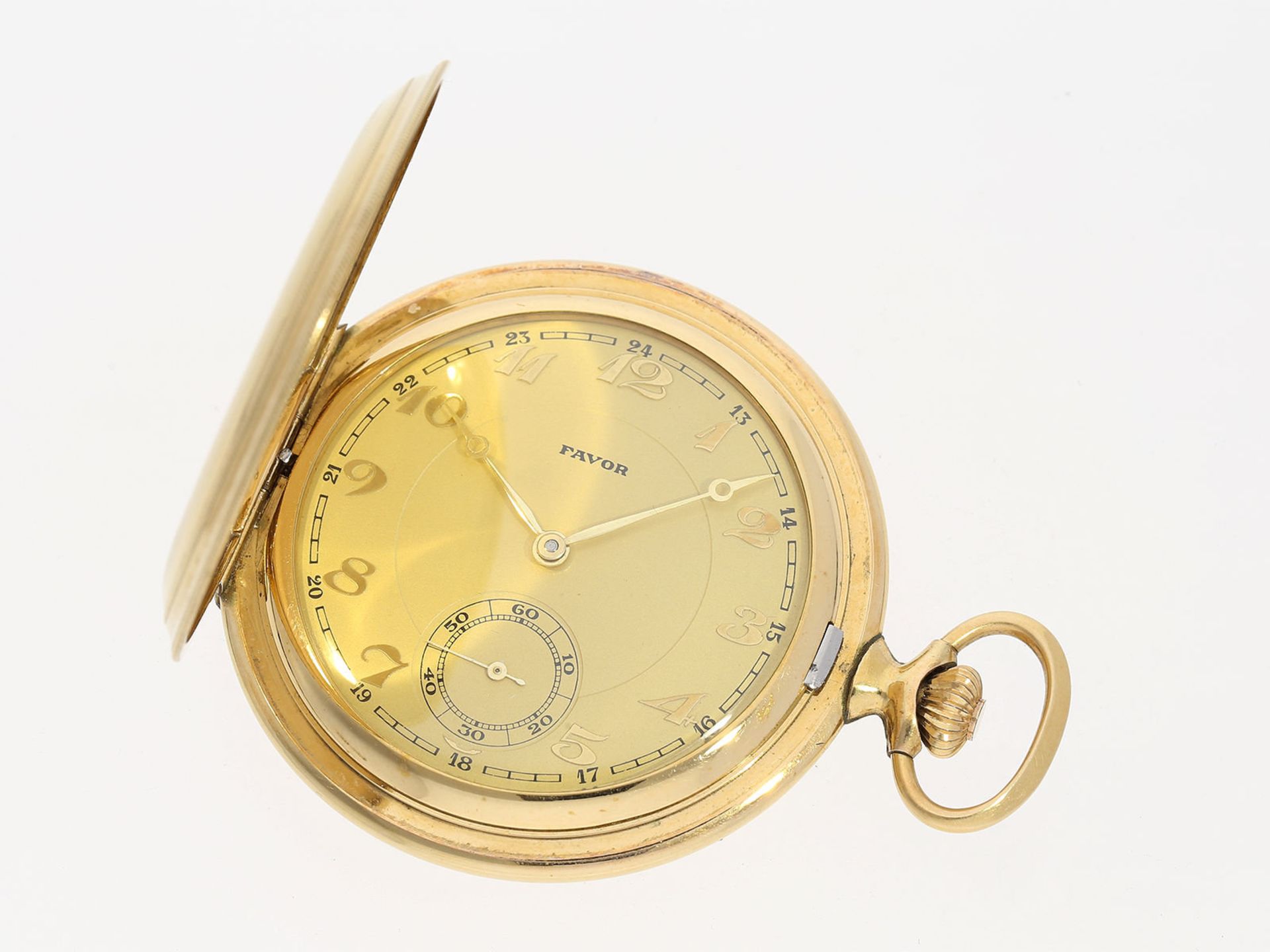 Taschenuhr: sehr schöne vergoldete Savonnette der Marke "Favor", mit passender vergoldeter - Bild 3 aus 4