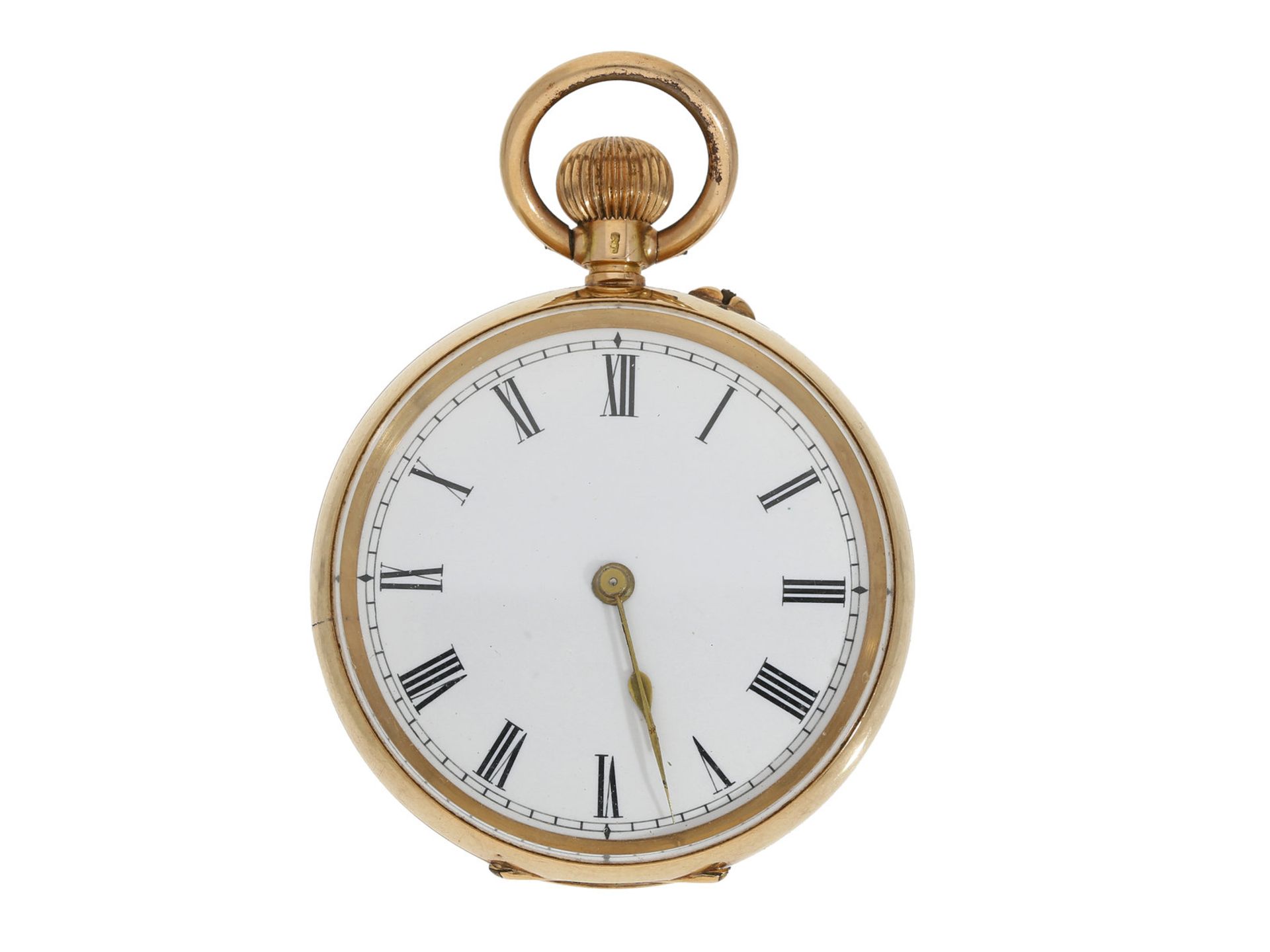 Taschenuhr: Damentaschenuhr um ca. 1890, 14K GoldCa. Ø36,5mm, ca. 28g, 14K Gold, Zylinderwerk,