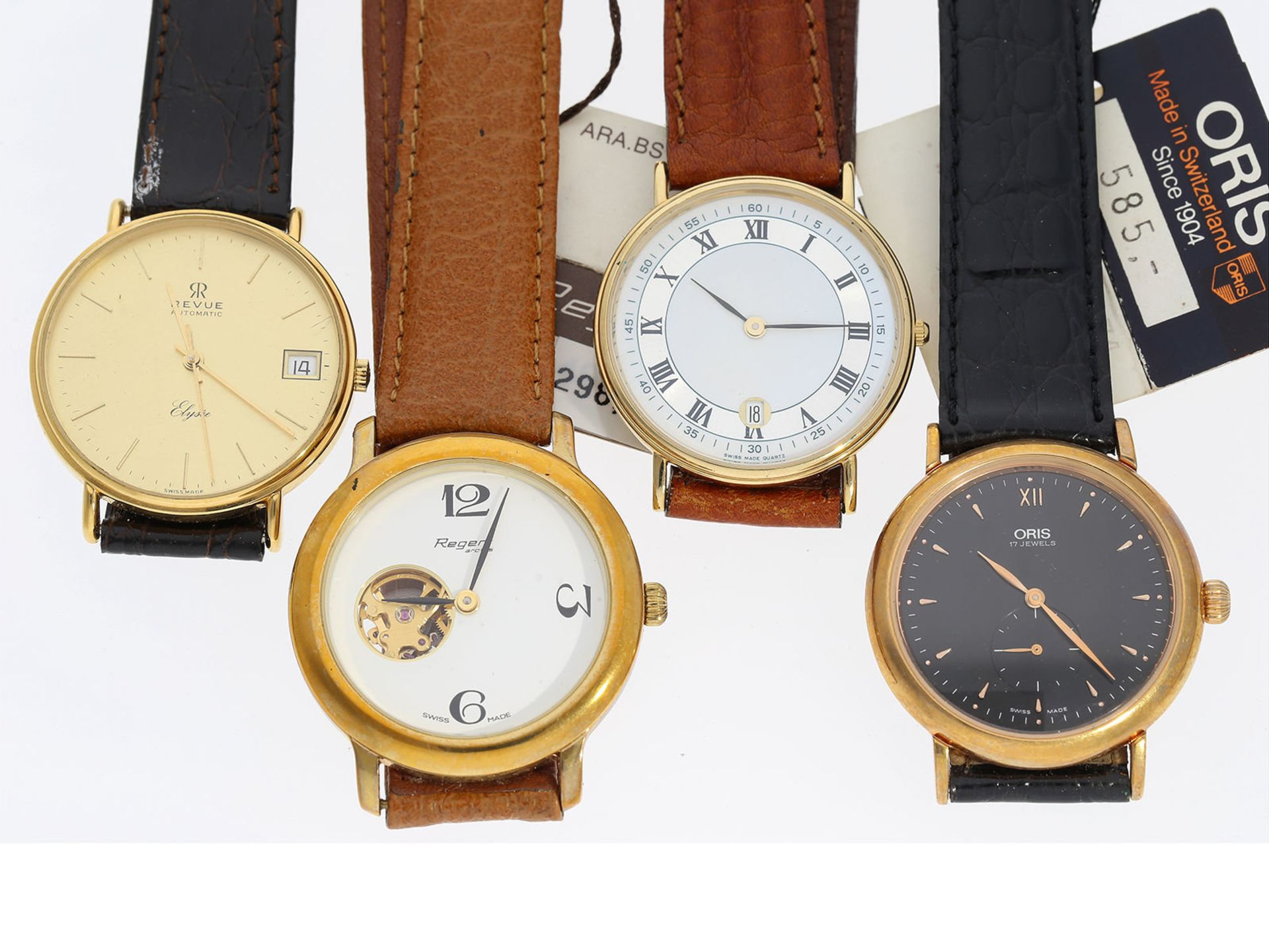 Konvolut Armbanduhren: 4 Armbanduhren aus Geschäftsauflösung, NOS, vergoldet, teilweise mit