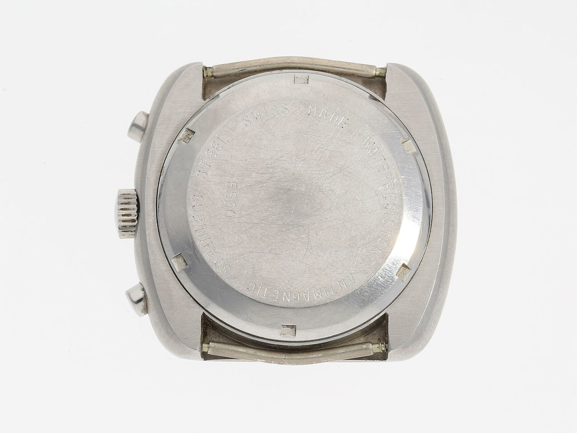 Armbanduhr: ausgefallener Edelstahl-Chronograph der Marke Revue, Automatik, ca. 1970Ca. 39x42mm, - Bild 2 aus 3