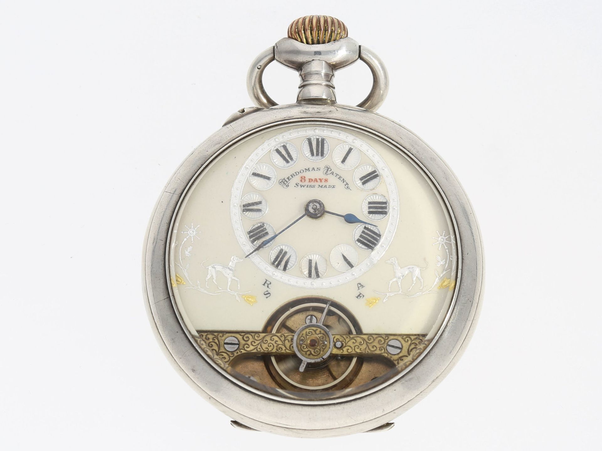 Taschenuhr: sehr schöne silberne 8-Tage Taschenuhr "Hebdomas", Schweiz um 1900Ca. Ø48,5mm, ca.