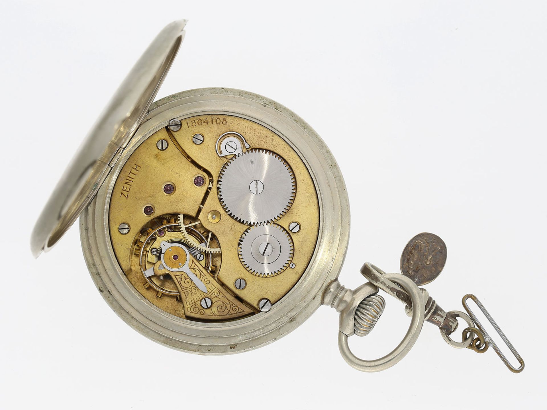 Taschenuhr: feine und sehr seltene Zenith Taschenuhr im Nickelgehäuse, mit seltenem Lederetui, ca. - Bild 2 aus 3