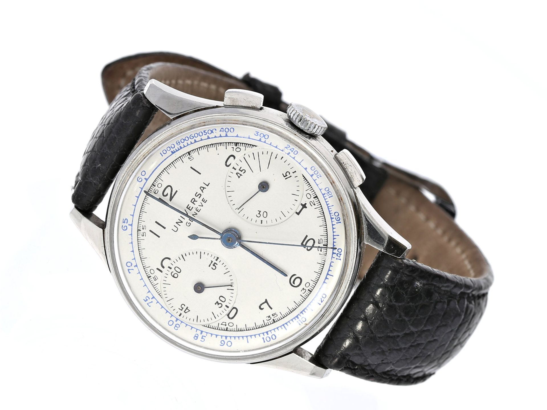 Armbanduhr: gesuchter Edelstahl-Chronograph, Universal Geneve, Ref. 22433, ca. 1950Ca. Ø35mm,