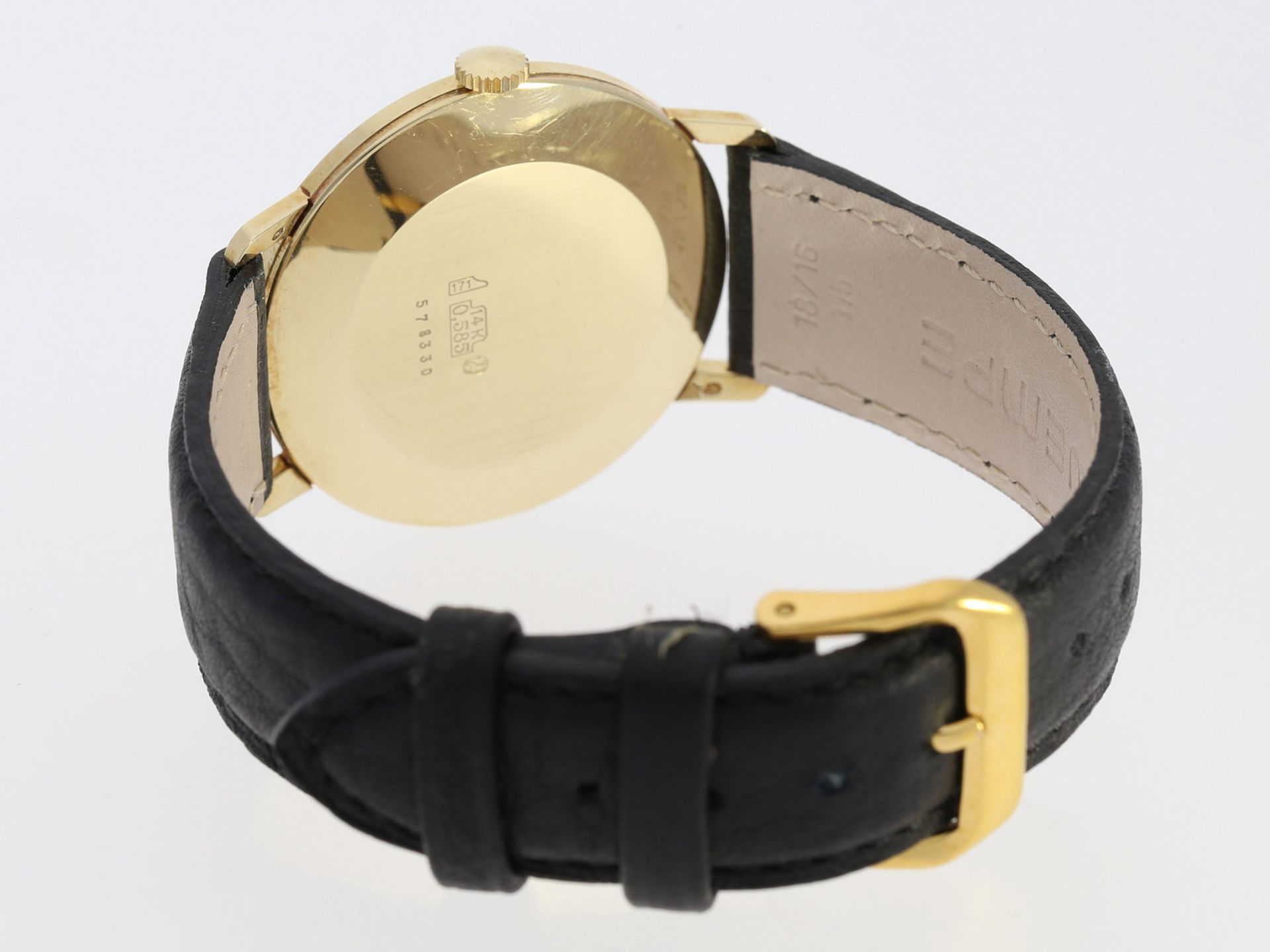 Armbanduhr: elegante, flache 14K Gold Herrenarmbanduhr BWC Swiss, 70er/80er JahreCa. Ø34,5mm, 31,5g, - Bild 2 aus 2
