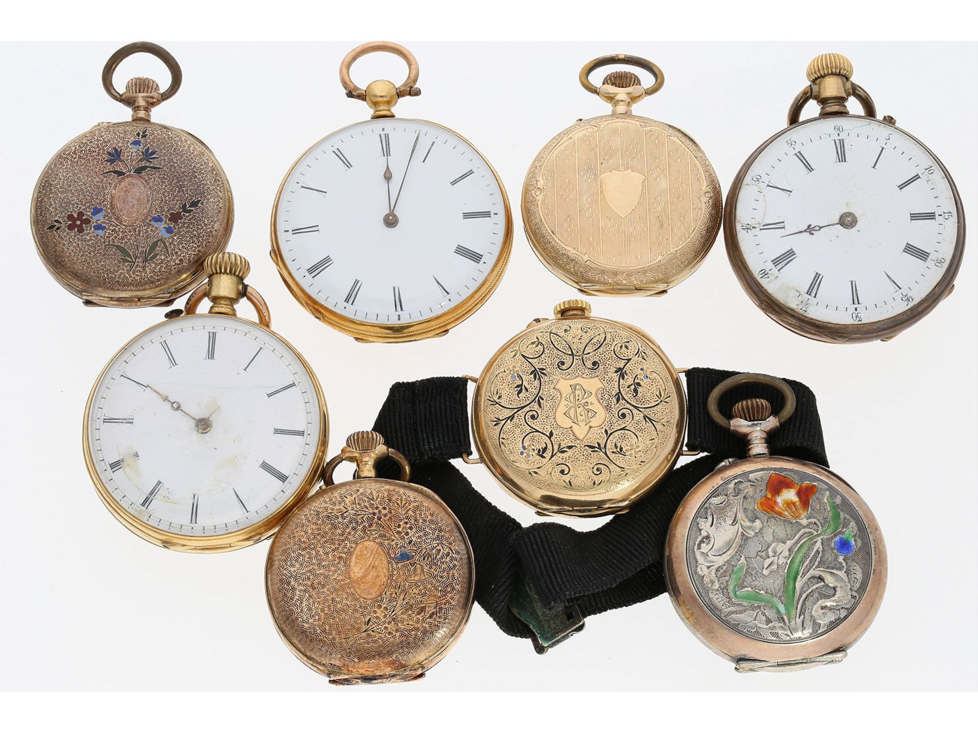 Konvolut Taschenuhren: interessante Sammlung bestehend aus 8 Zylinderuhren, überwiegend Goldgehäuse,