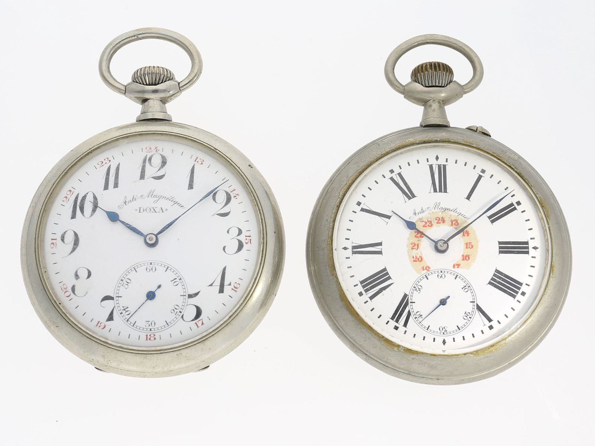 Taschenuhr/Set: Paar große Eisenbahner-Taschenuhren von Doxa, ca. 1910Ca. Ø67-68mm, beide Uhren im