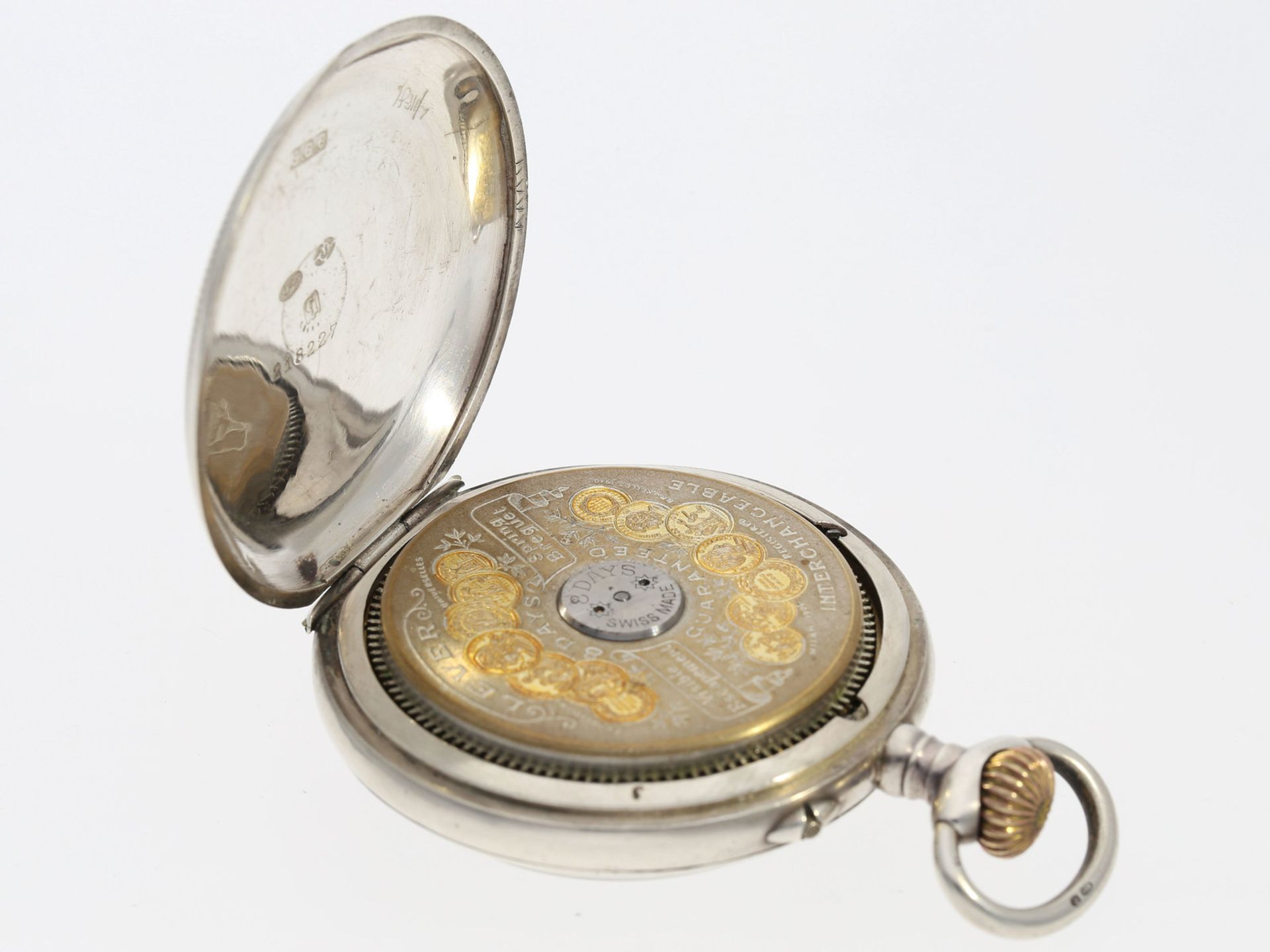 Taschenuhr: sehr schöne silberne 8-Tage Taschenuhr "Hebdomas", Schweiz um 1900Ca. Ø48,5mm, ca. - Image 3 of 3