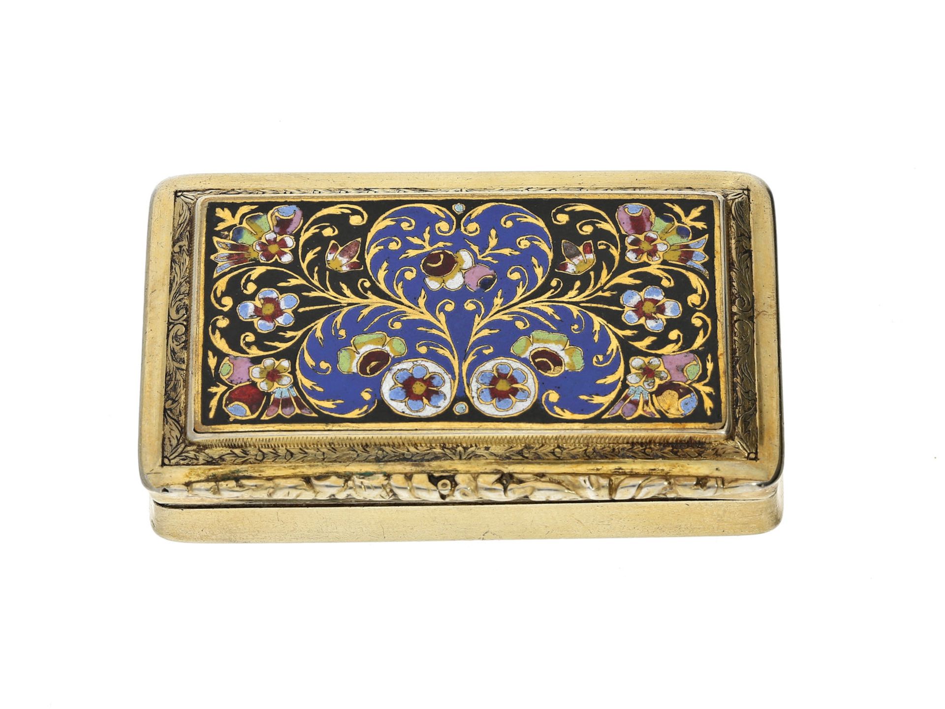 Dose: antike, emailliertes Schnupftabakdose, vermutlich 19. Jahrhundert, Meistermarke ISCa. 65 ×