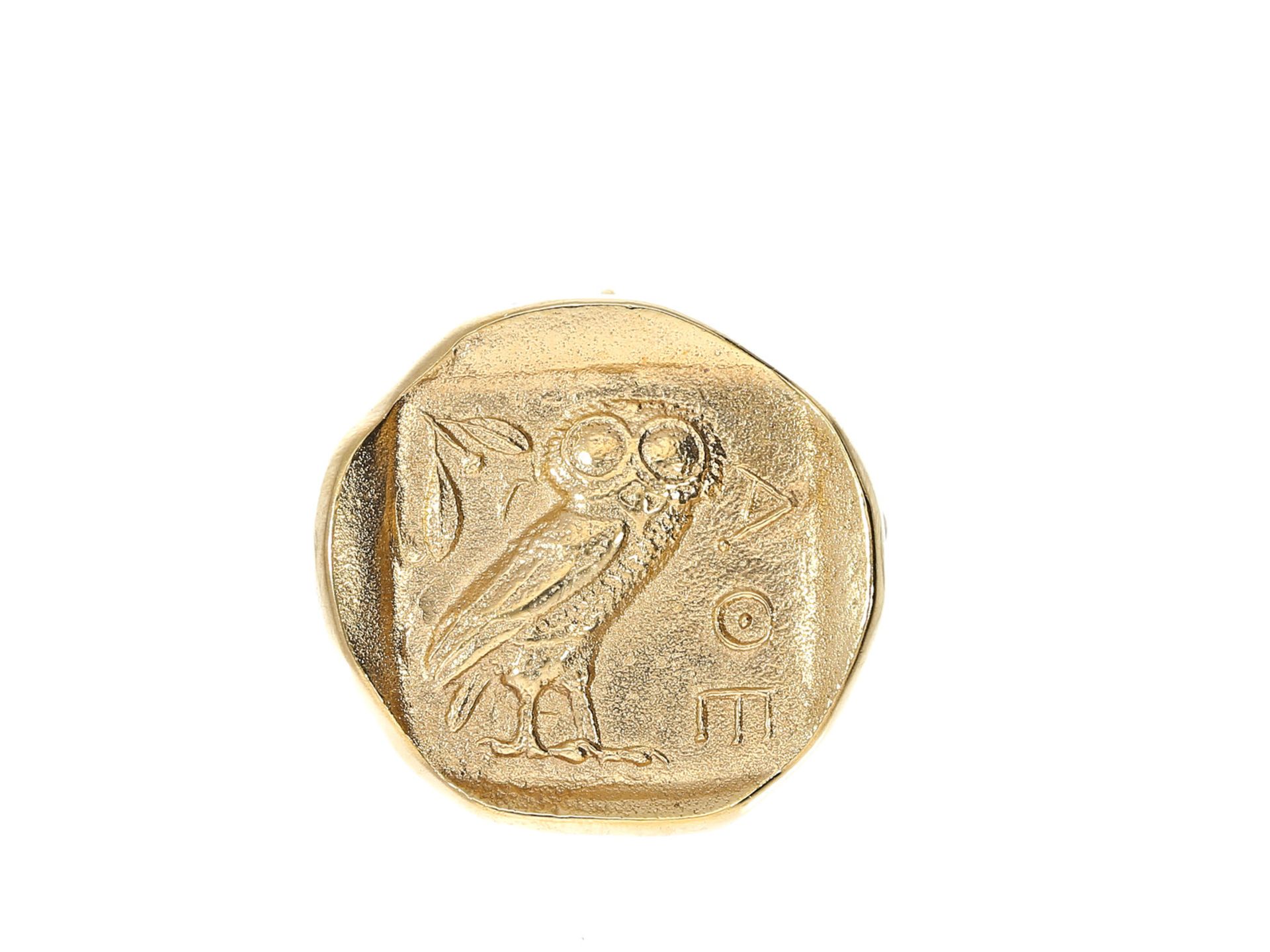 Anhänger/Brosche: Nachbildung einer antiken griechischen Münze (Attika Athen Tetradrachme), 18K