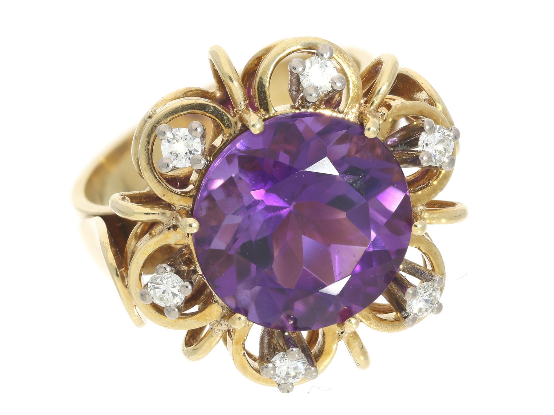 Ring: dekorativer vintage Blütenring mit Brillant-/Amethyst-Besatz, solide Handarbeit aus 14K