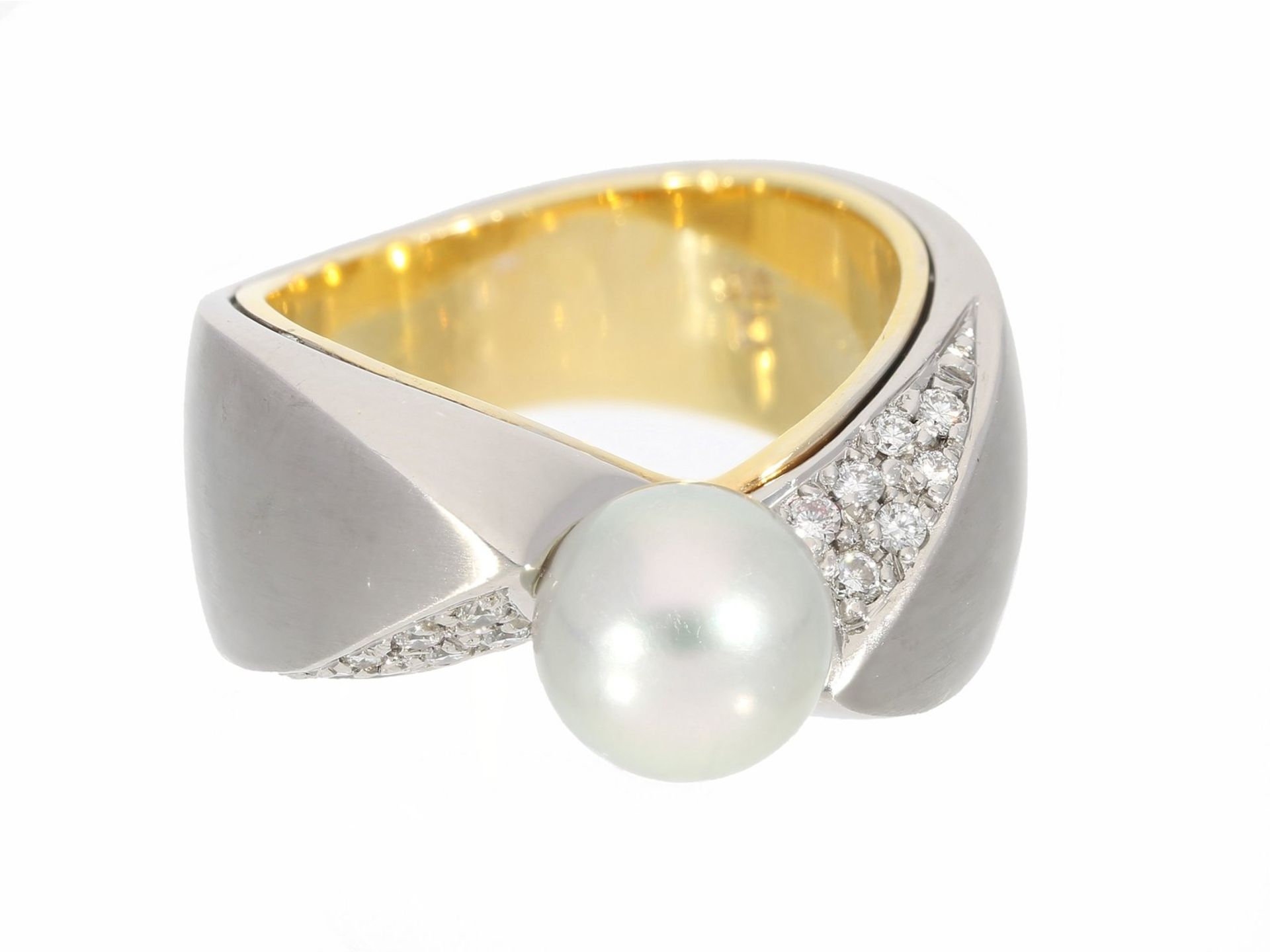 Ring: massiver, ausgefallener und interessant gearbeiteter Brillant/Perle-Designerring, 14K Gold,