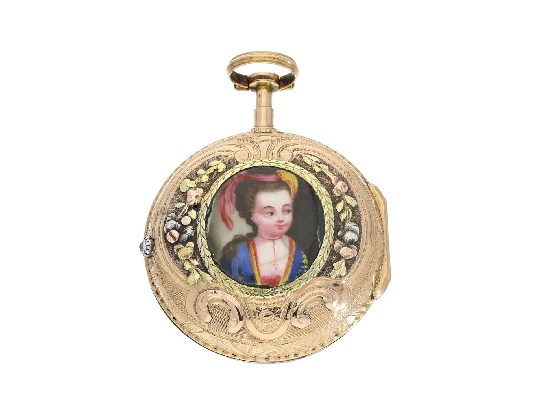 Taschenuhr: goldene Spindeluhr mit Emaillemalerei, signiert Milior a Paris, ca. 1770Ca. Ø40mm, ca.