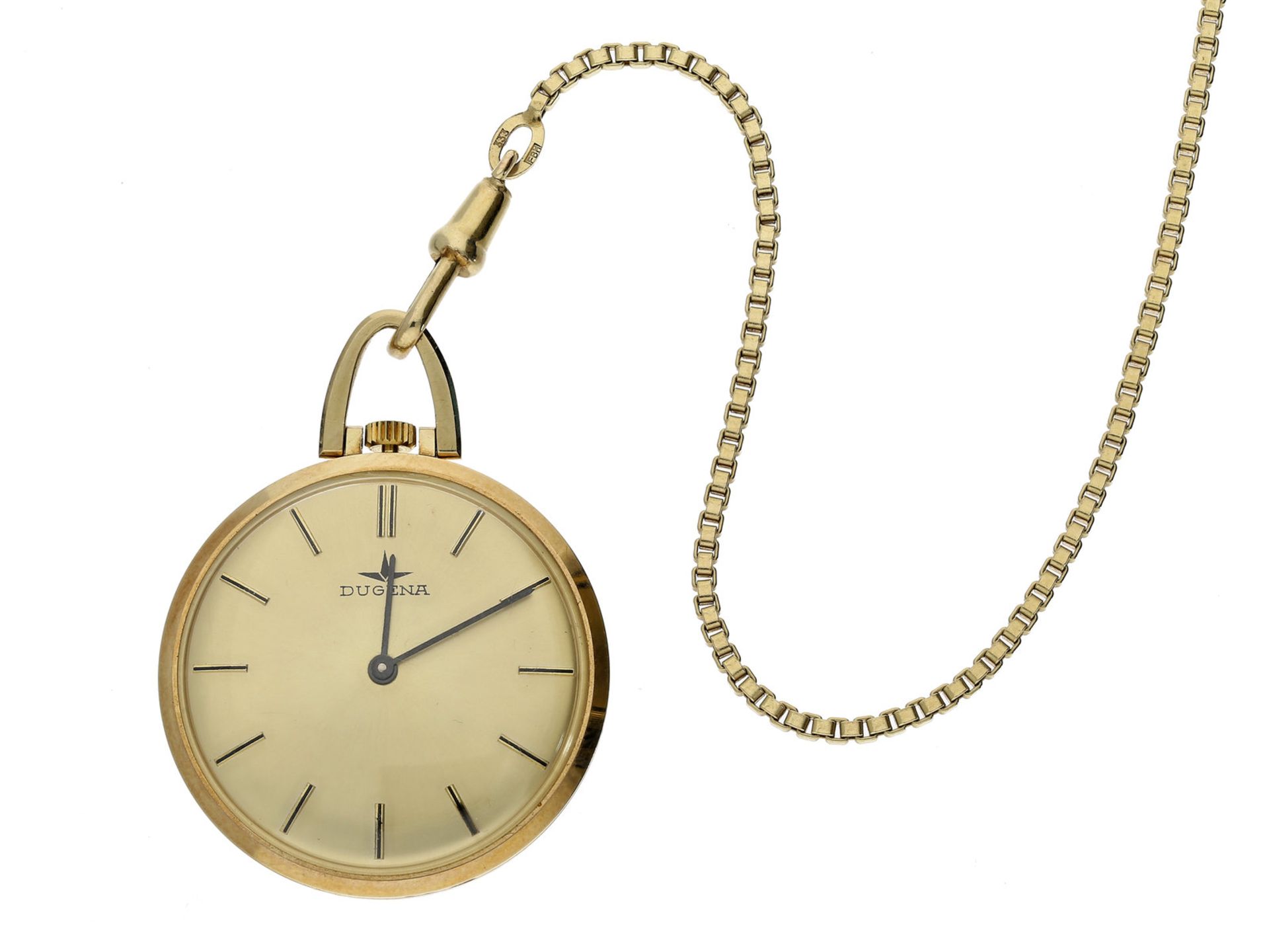 Taschenuhr: vintage Frackuhr der Marke Dugena an langer goldener Uhrenkette, ca. 1960Ca. Ø34mm,
