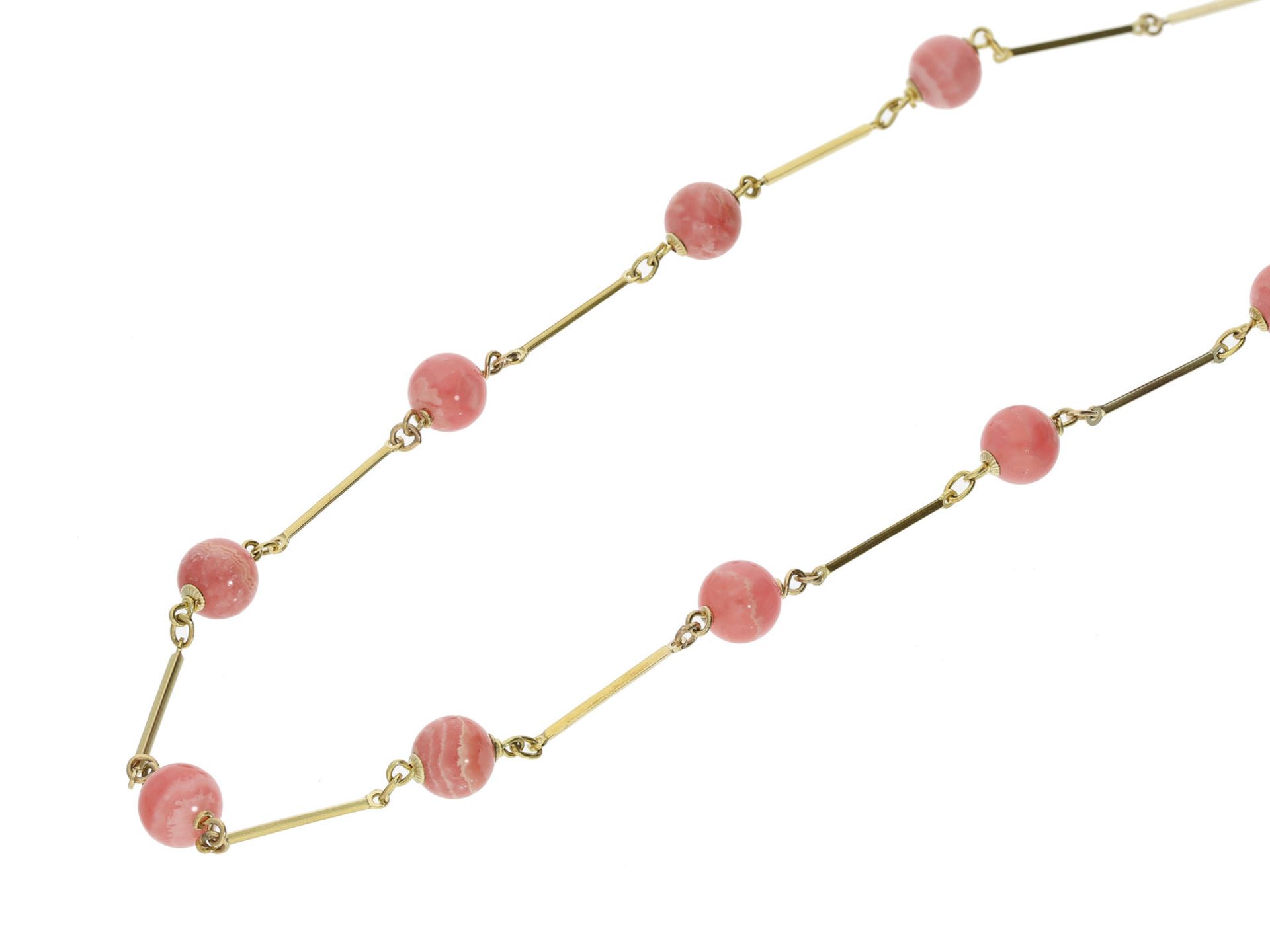 Kette/Collier: neuwertige Kette mit Rhodochrosit-Kugeln, vintage GoldschmiedearbeitCa. 49cm lang,