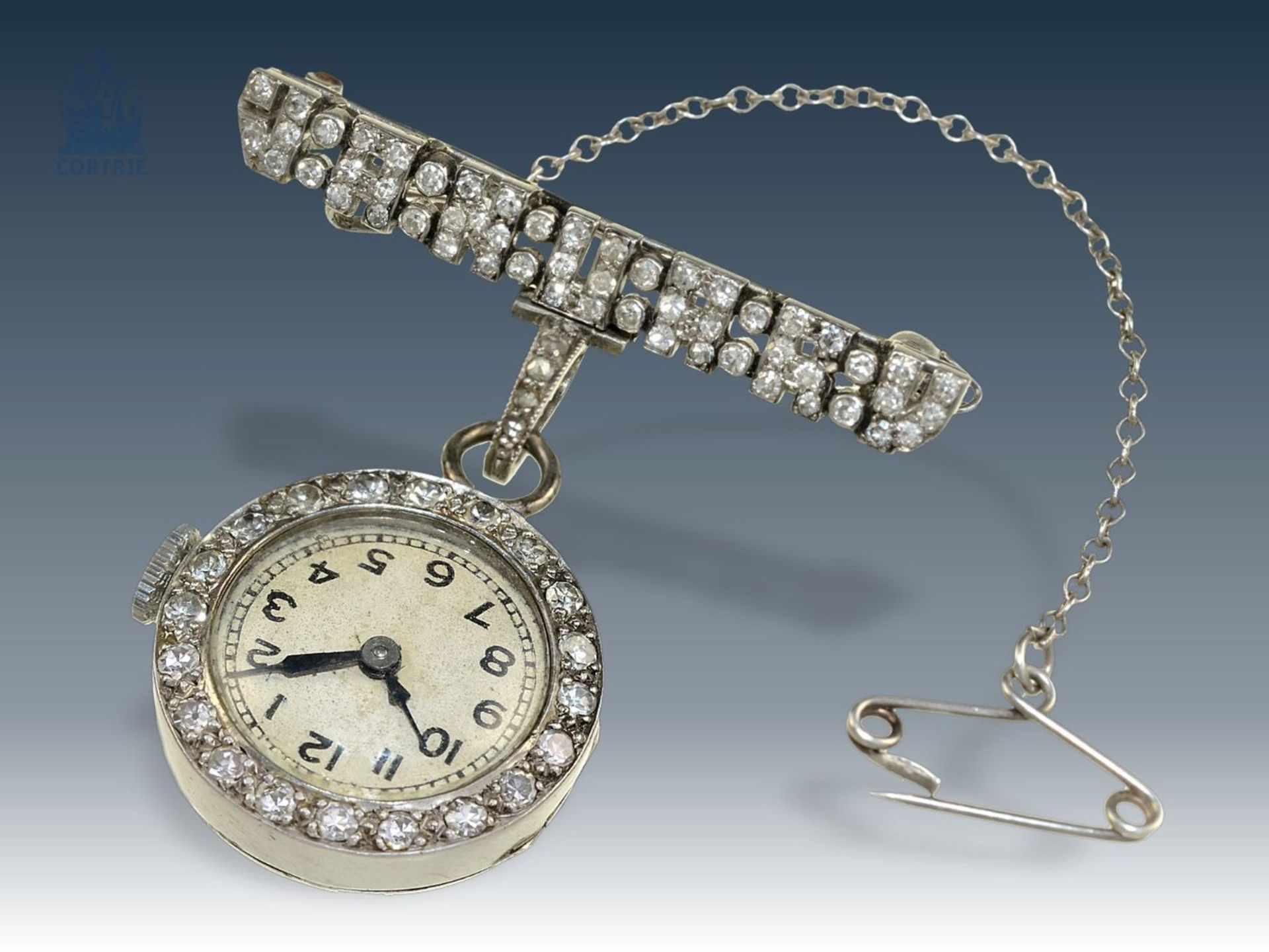Anhängeuhr/Broschenuhr: seltene und hochfeine Art déco Diamant-Uhr mit Platingehäuse und Brosche - Bild 2 aus 4