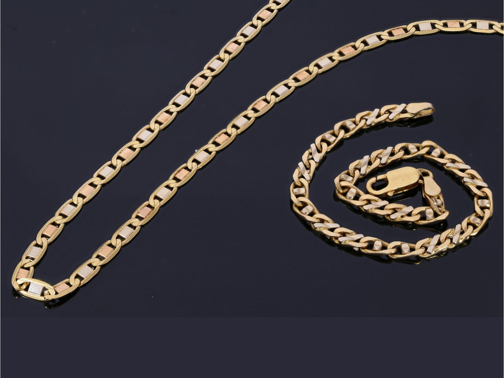 Kette/Armband: fein und hochwertig gefertigte Tricolor-Goldschmiedekette sowie Goldarmband,