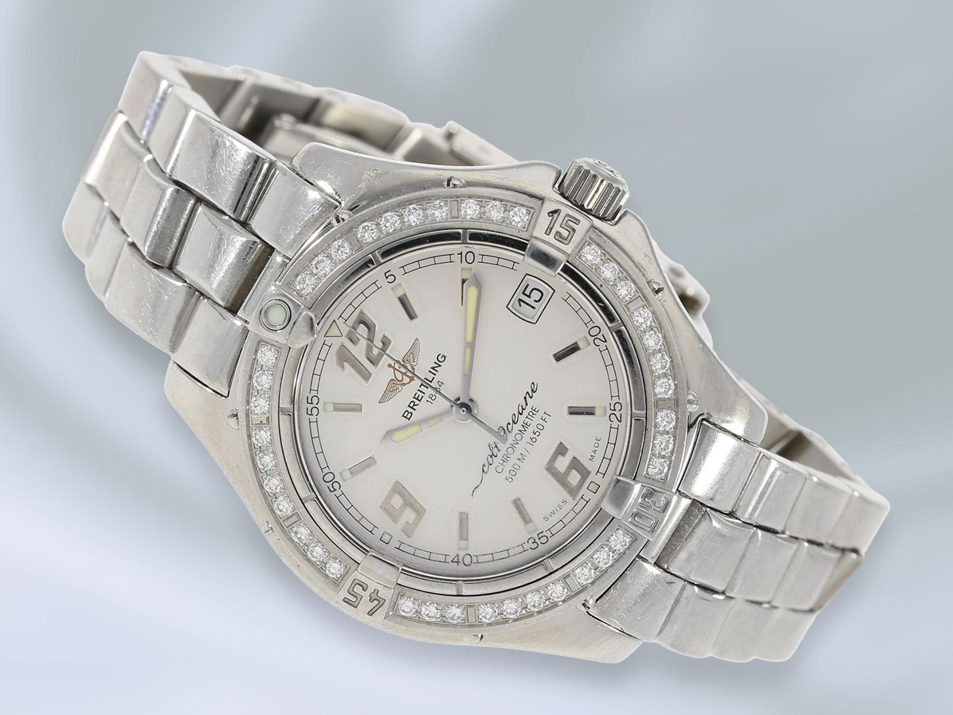 Armbanduhr: luxuriöse, sportliche Damen-Taucheruhr mit originalem Brillantbesatz, Breitling