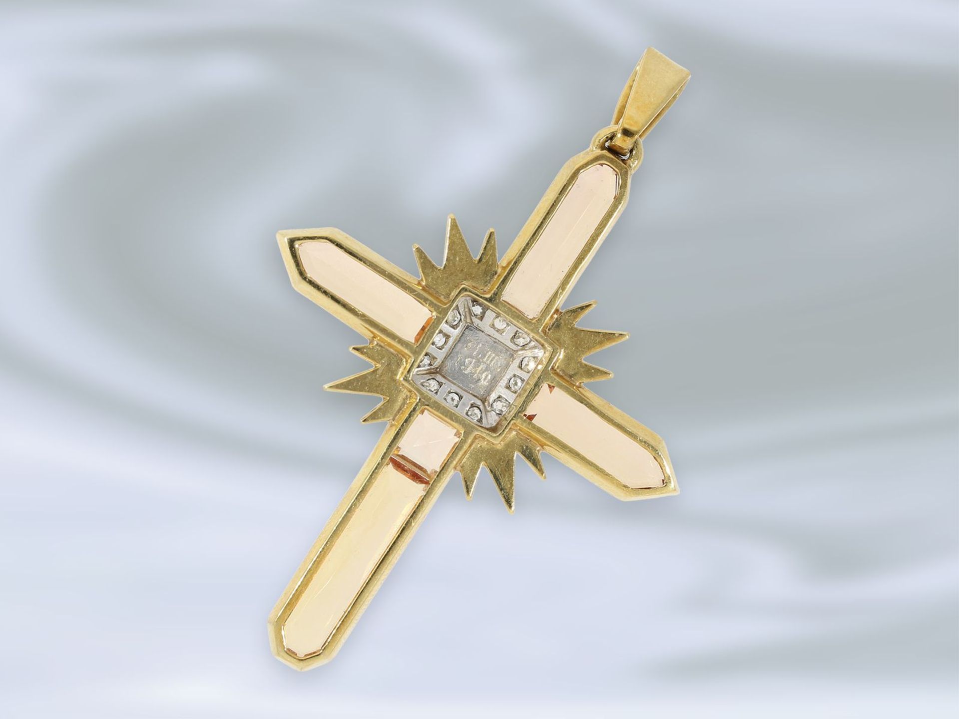 Anhänger: einzigartiger Kreuz-Goldschmiedeanhänger mit Diamantbesatz und orangefarbenen Farbsteinen, - Bild 3 aus 3