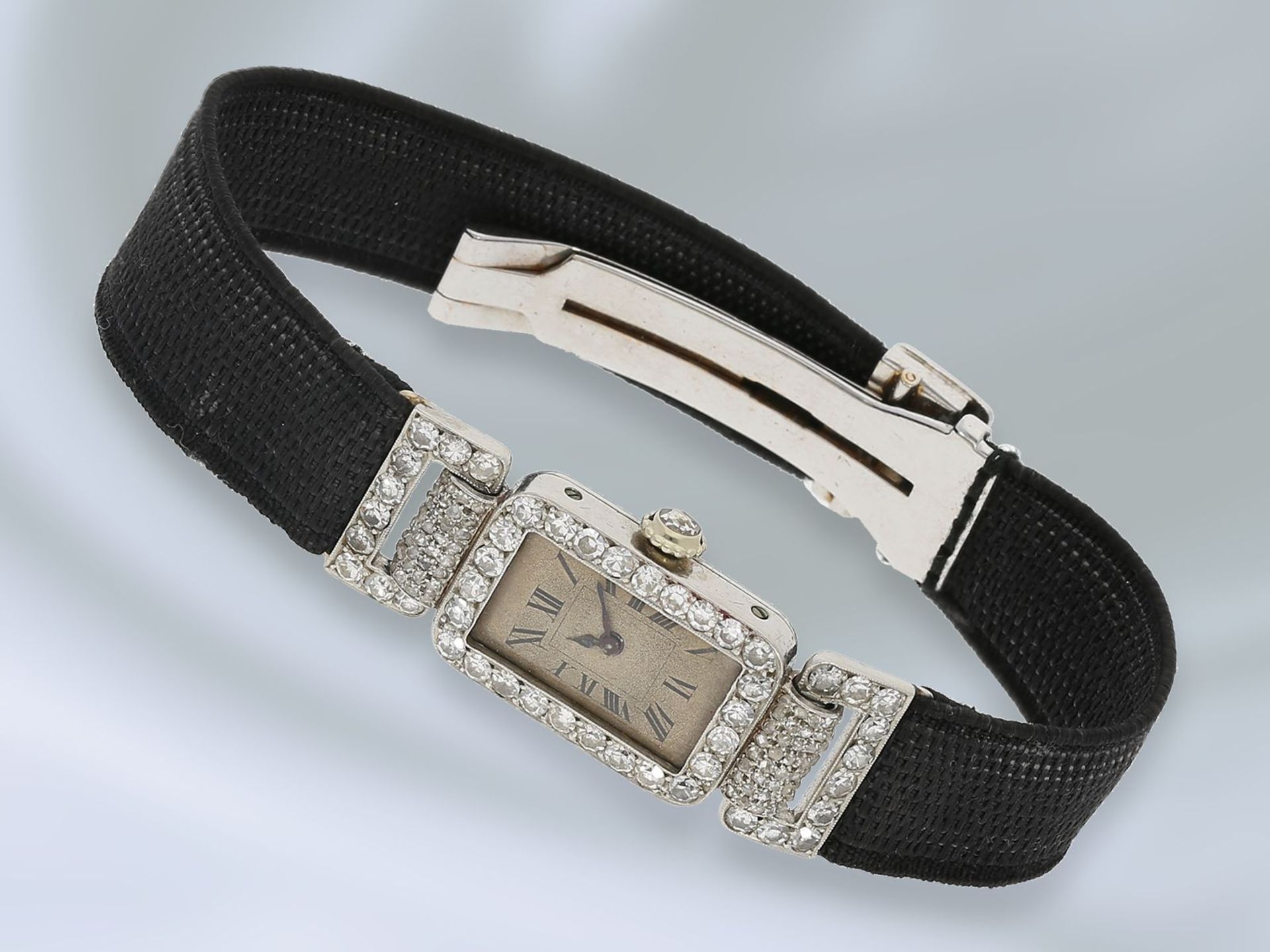 Armbanduhr: äußerst elegante Art déco Cocktailuhr, signiert Cartier, ca. 1920, PlatinCa.13,5 x 34, - Bild 2 aus 2