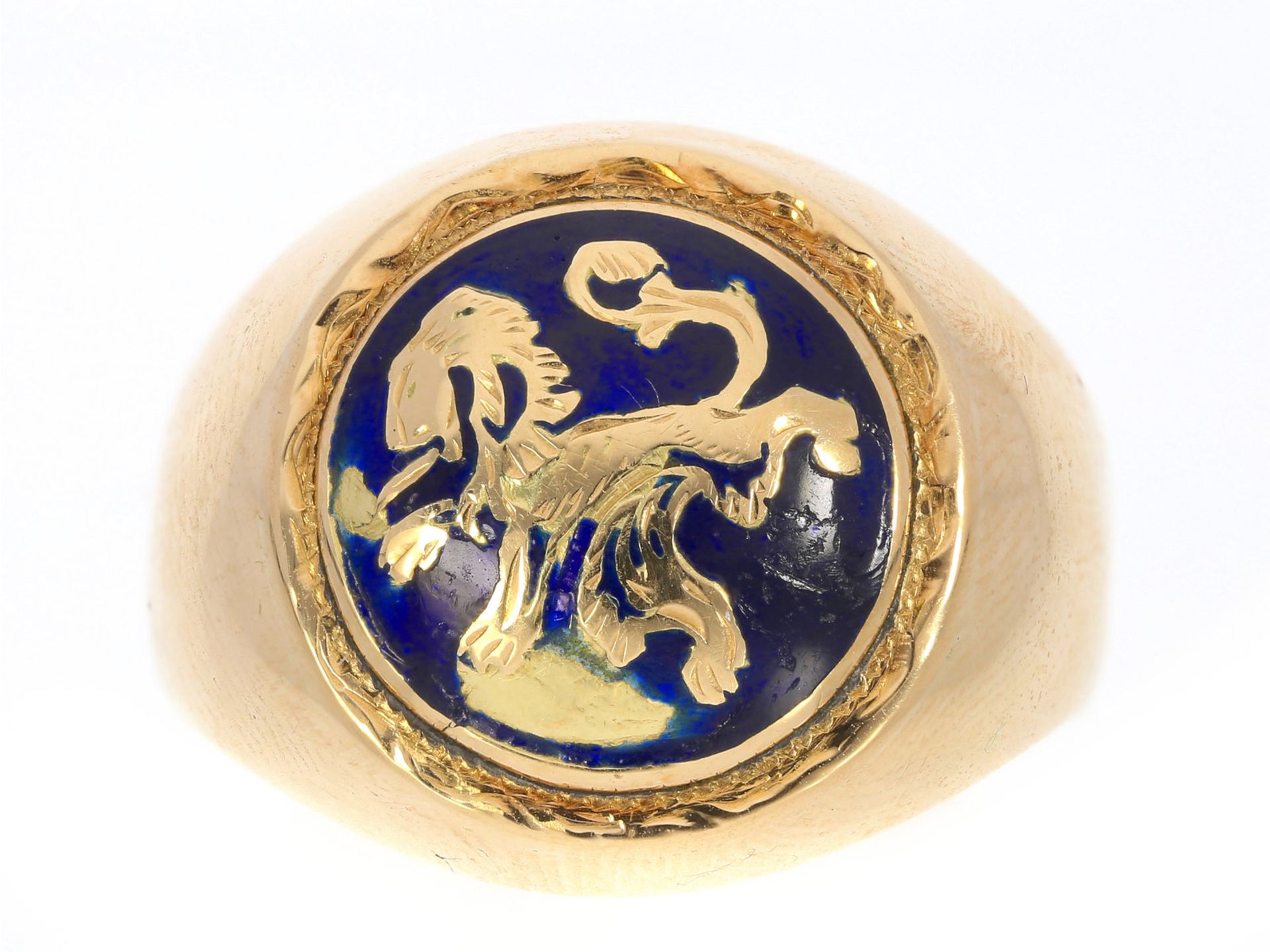 Ring: alter Emaille-Siegelring mit Wappen "Löwe"Ca. Ø21mm, RG66, ca. 14,4g, 14K Gold, solide