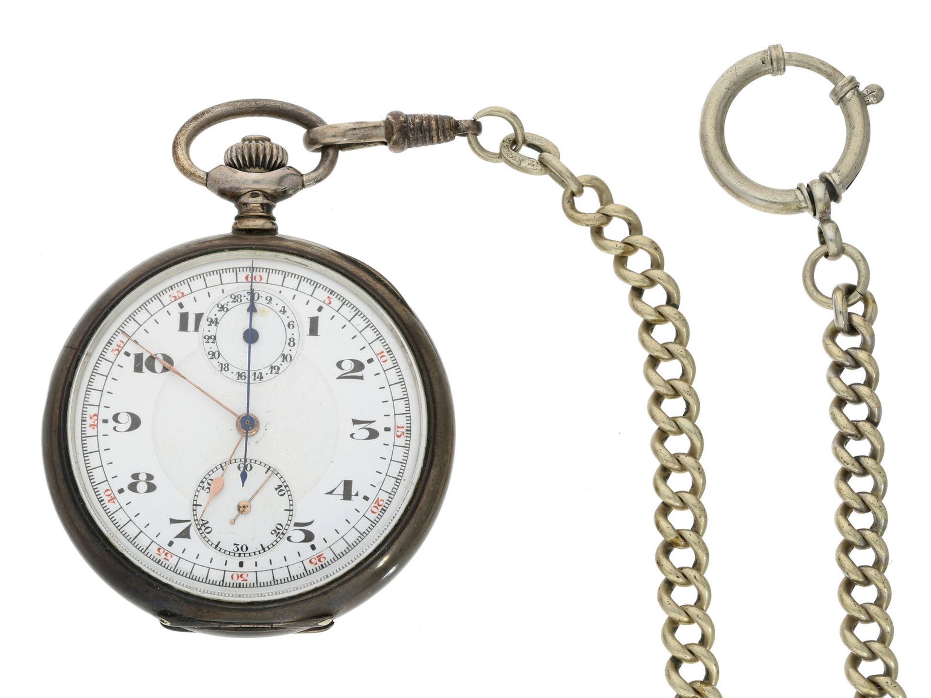 Taschenuhr: silberner Taschen-Chronograph mit Zähler, ca. 1915Ca. Ø53mm, ca. 91g, guillochiertes