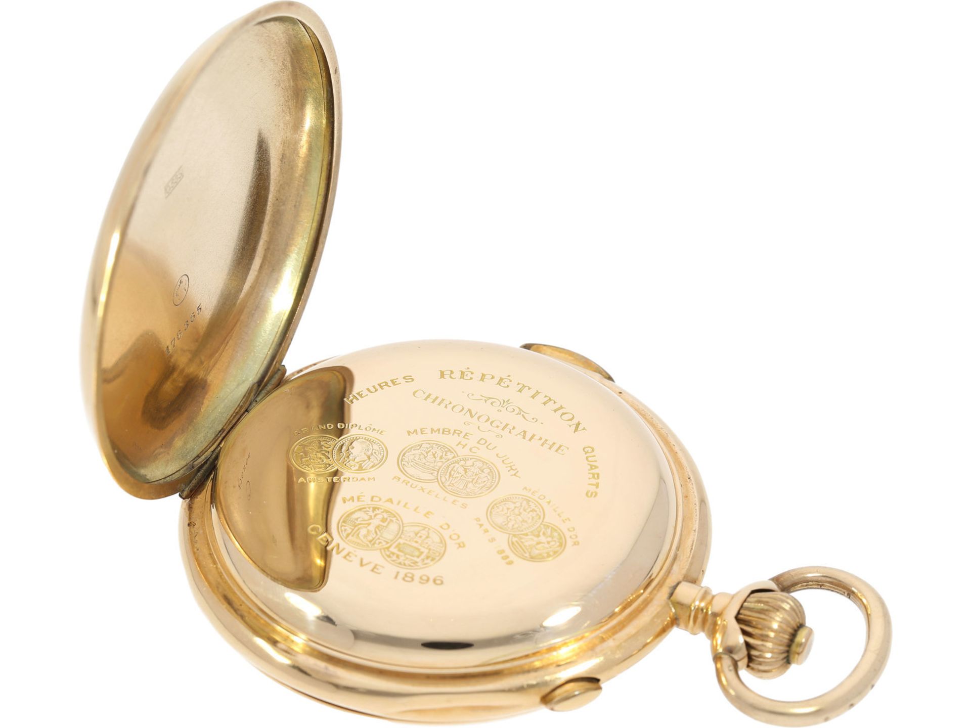 Taschenuhr: schwere, große goldene Savonnette mit Repetition und Chronograph, ca. 1900Ca. Ø60mm, ca. - Bild 4 aus 7