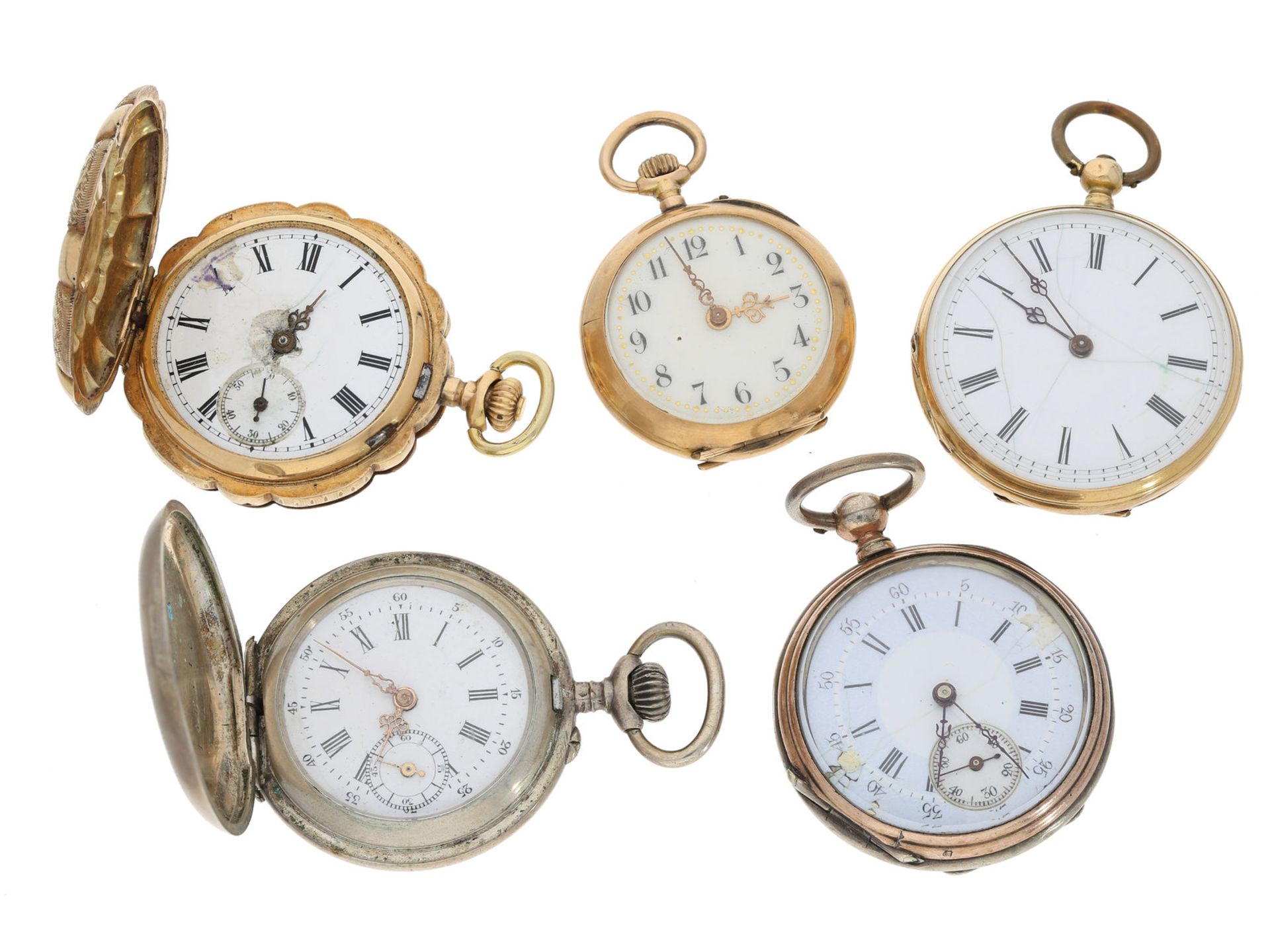 Taschenuhr: Konvolut von 5 Damenuhren, um 1880 bis 1900, Gold und Silber, dabei eine