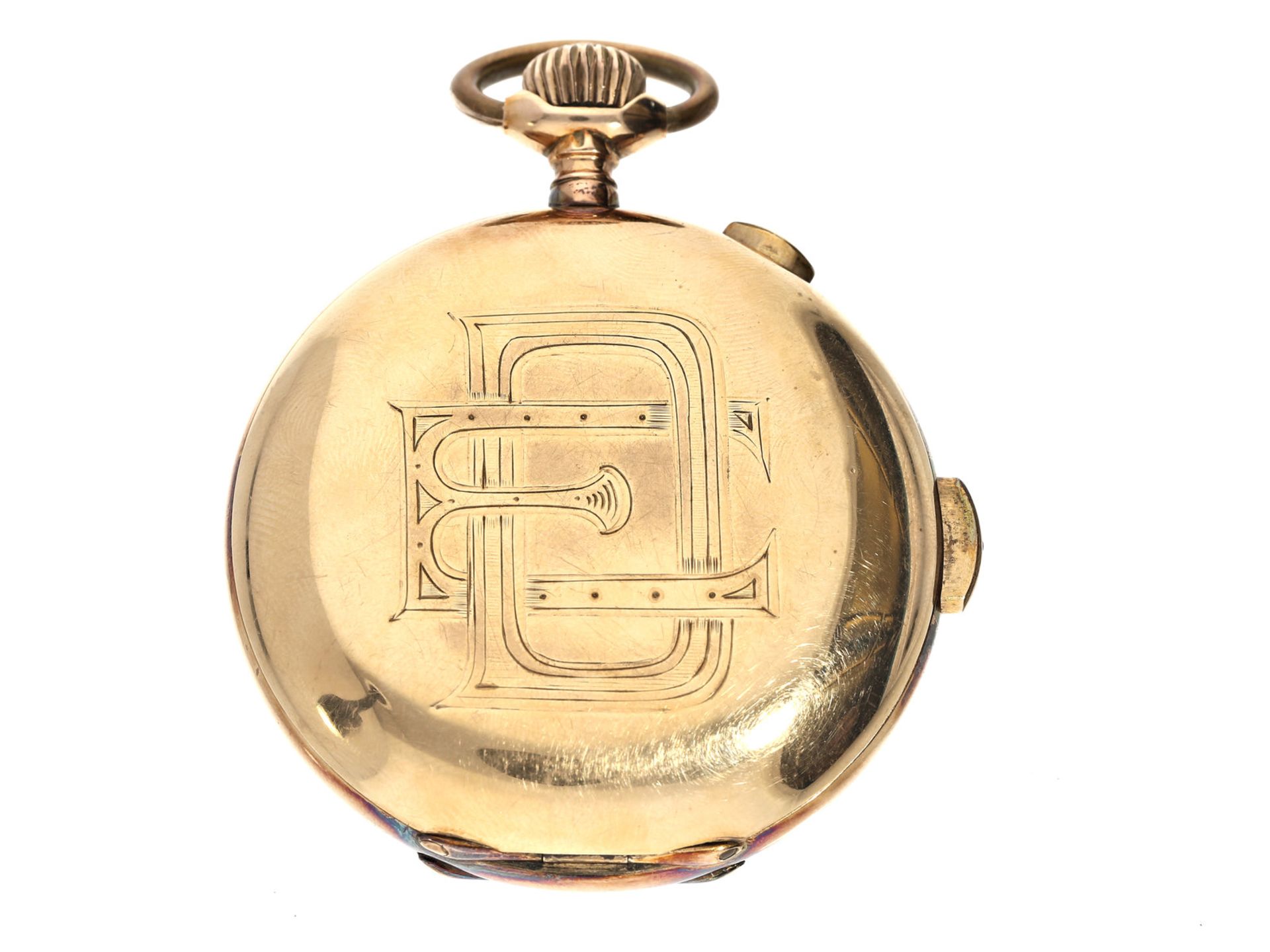 Taschenuhr: schwere goldene Savonnette mit Chronograph und Repetition, Union Horlogere, um 1900Ca. - Bild 3 aus 3