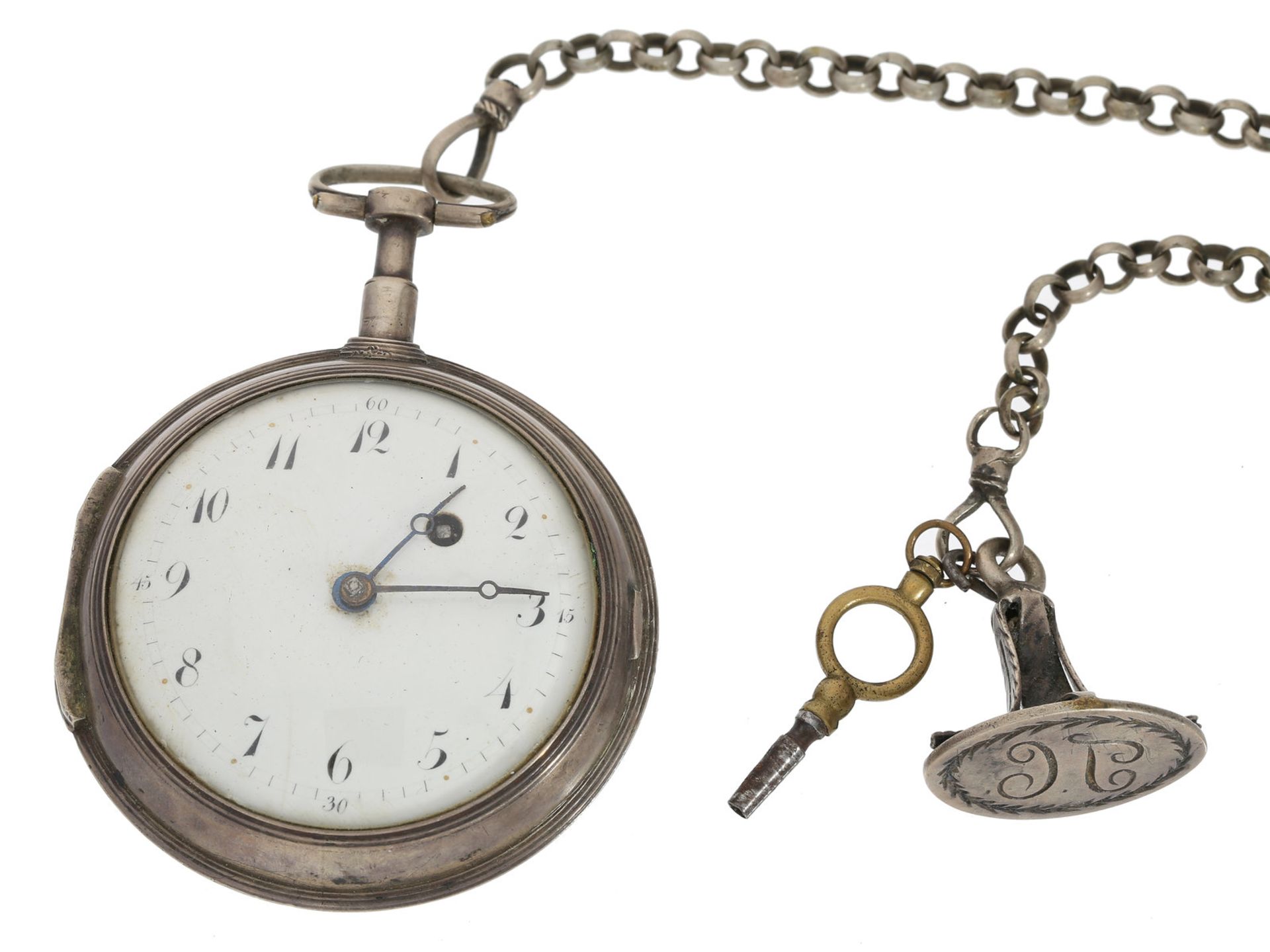 Taschenuhr: frühe, vermutlich schweizer-russische Spindeluhr, um 1800, mit silberner Uhrenkette