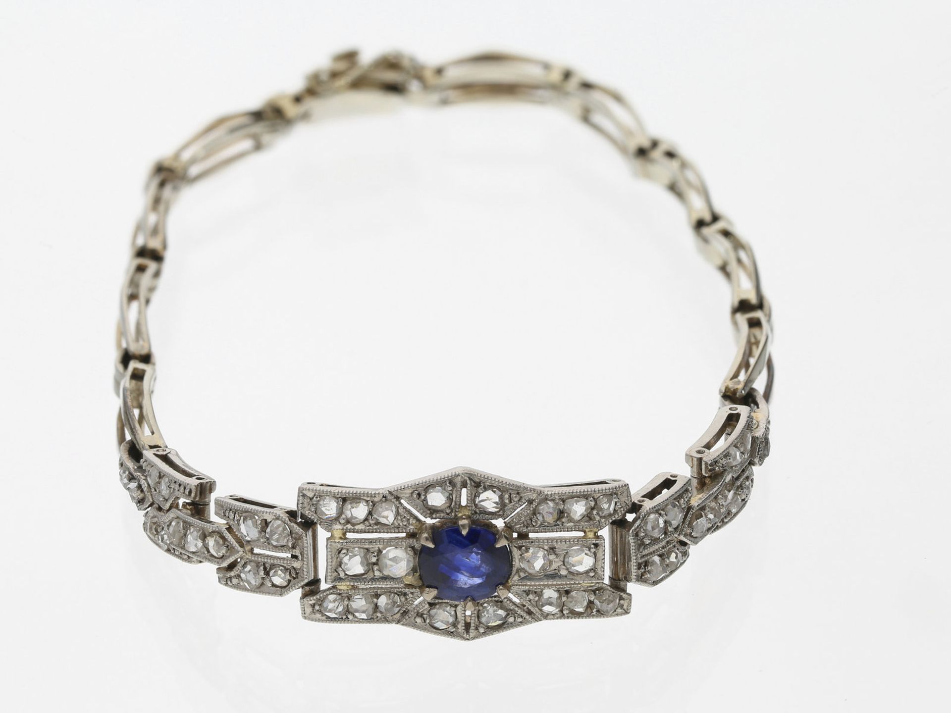 Armband: zierliches antikes Saphir/Diamantarmband, Weißgold & PlatinCa. 16,5cm lang, ca. 9,6g, 14K