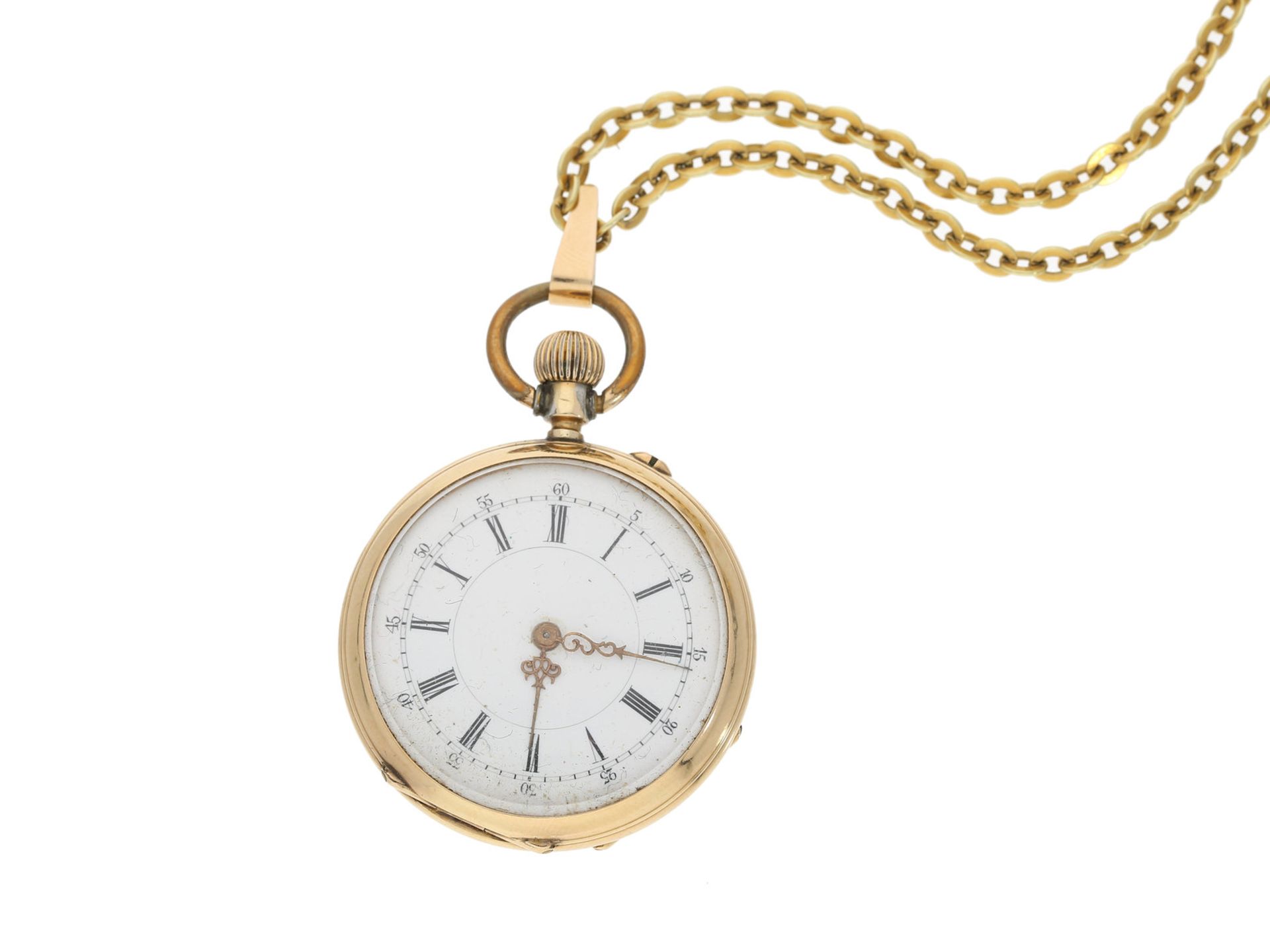 Taschenuhr: goldene Damentaschenuhr/Anhängeuhr, um 1900, an späterer goldener HalsketteCa. Ø35mm,