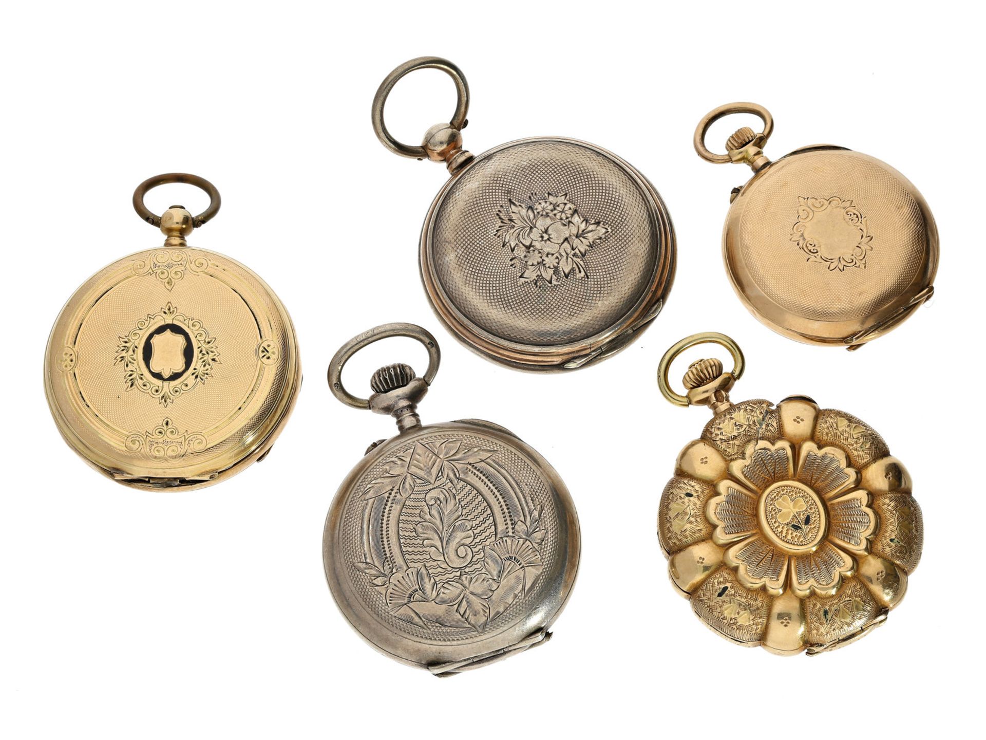 Taschenuhr: Konvolut von 5 Damenuhren, um 1880 bis 1900, Gold und Silber, dabei eine - Bild 2 aus 3