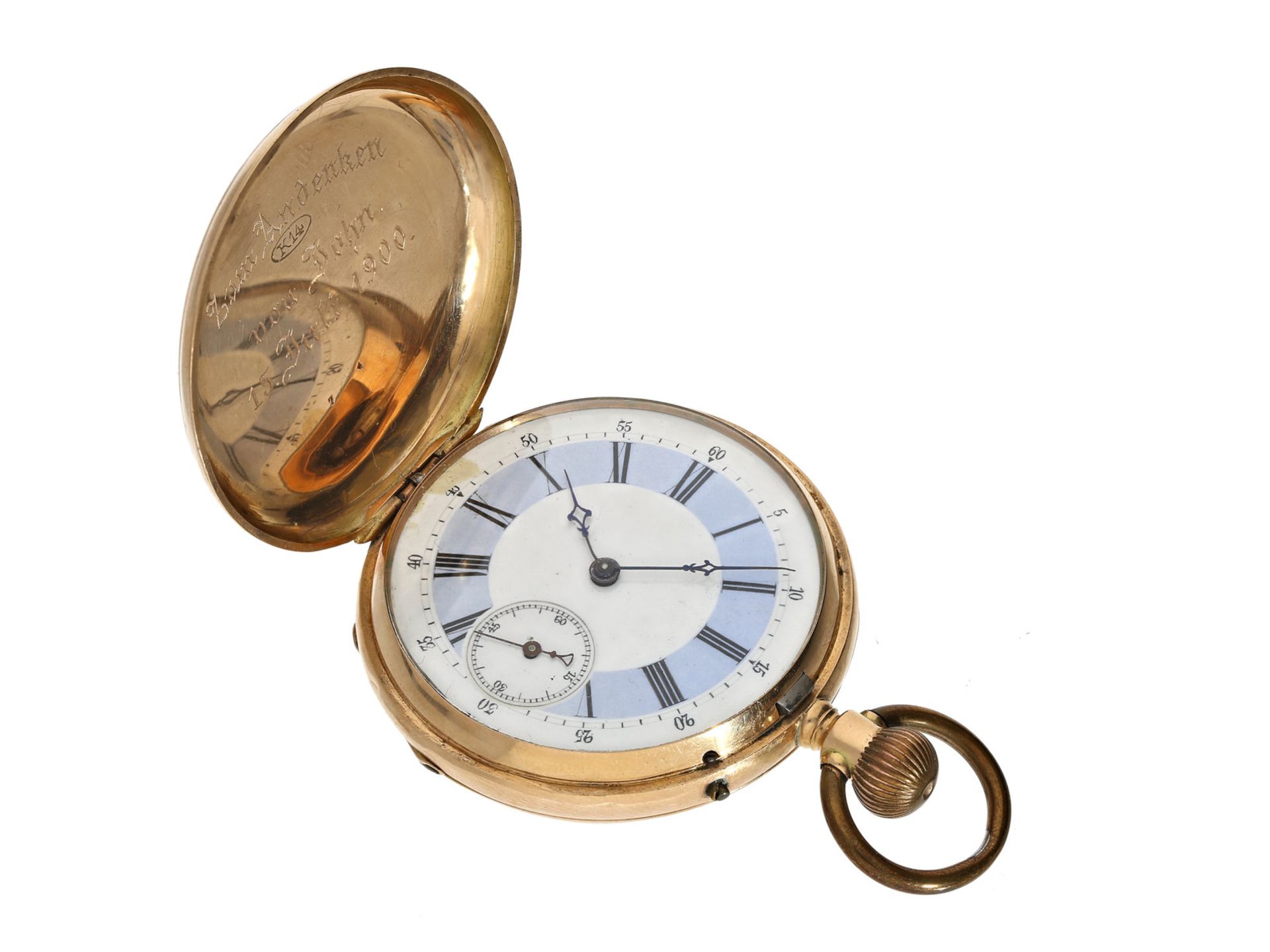 Taschenuhr: kleine, rotgoldene Savonnette mit farbigem Emaillezifferblatt, Schweiz um 1880Ca. Ø46mm,