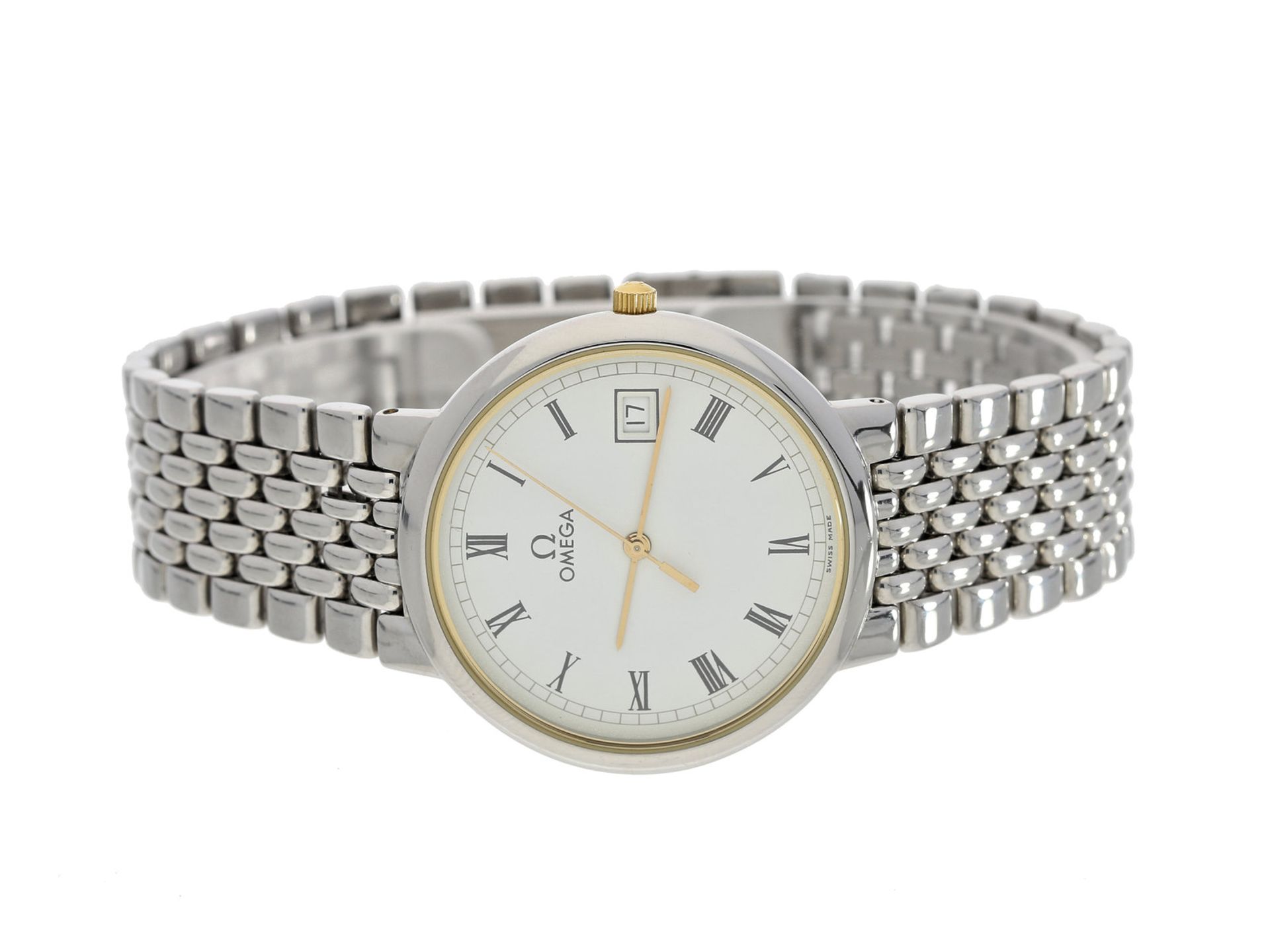 Armbanduhr: elegante, flache Herrenuhr mit Zentralsekunde, Omega De Ville, mit OriginalboxCa. Ø32,