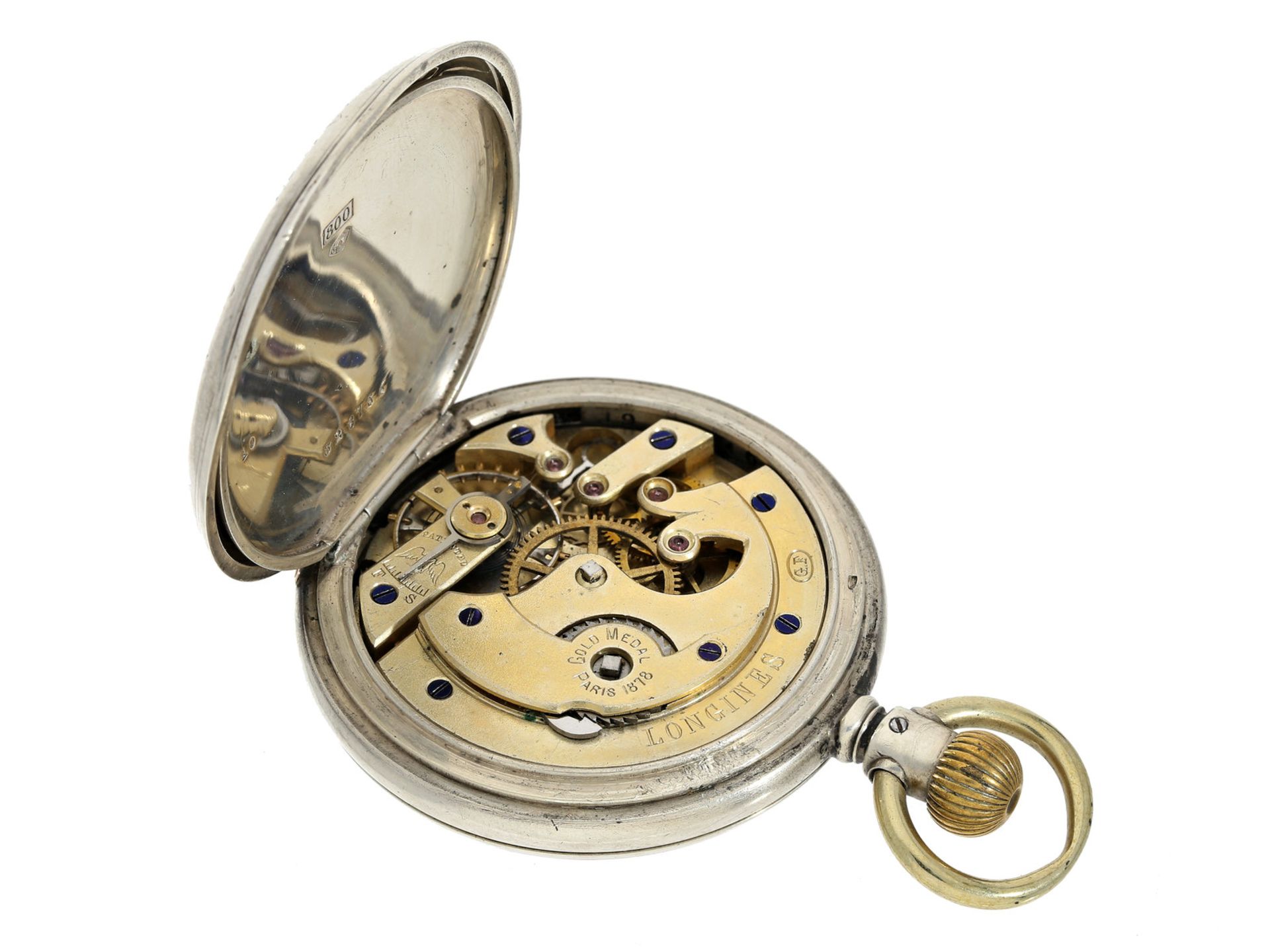 Taschenuhr: sehr frühe Halbsavonnette der Marke Longines, ca. 1885Ca. Ø48mm, ca. 98g, - Bild 4 aus 4