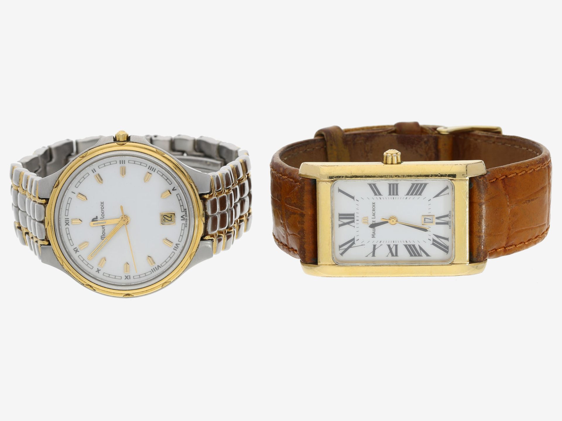 Armbanduhr: 2 Armbanduhren der Marke Maurice Lacroix1. Ca. Ø34mm, Stahl/Gold, Quarzwerk, weißes