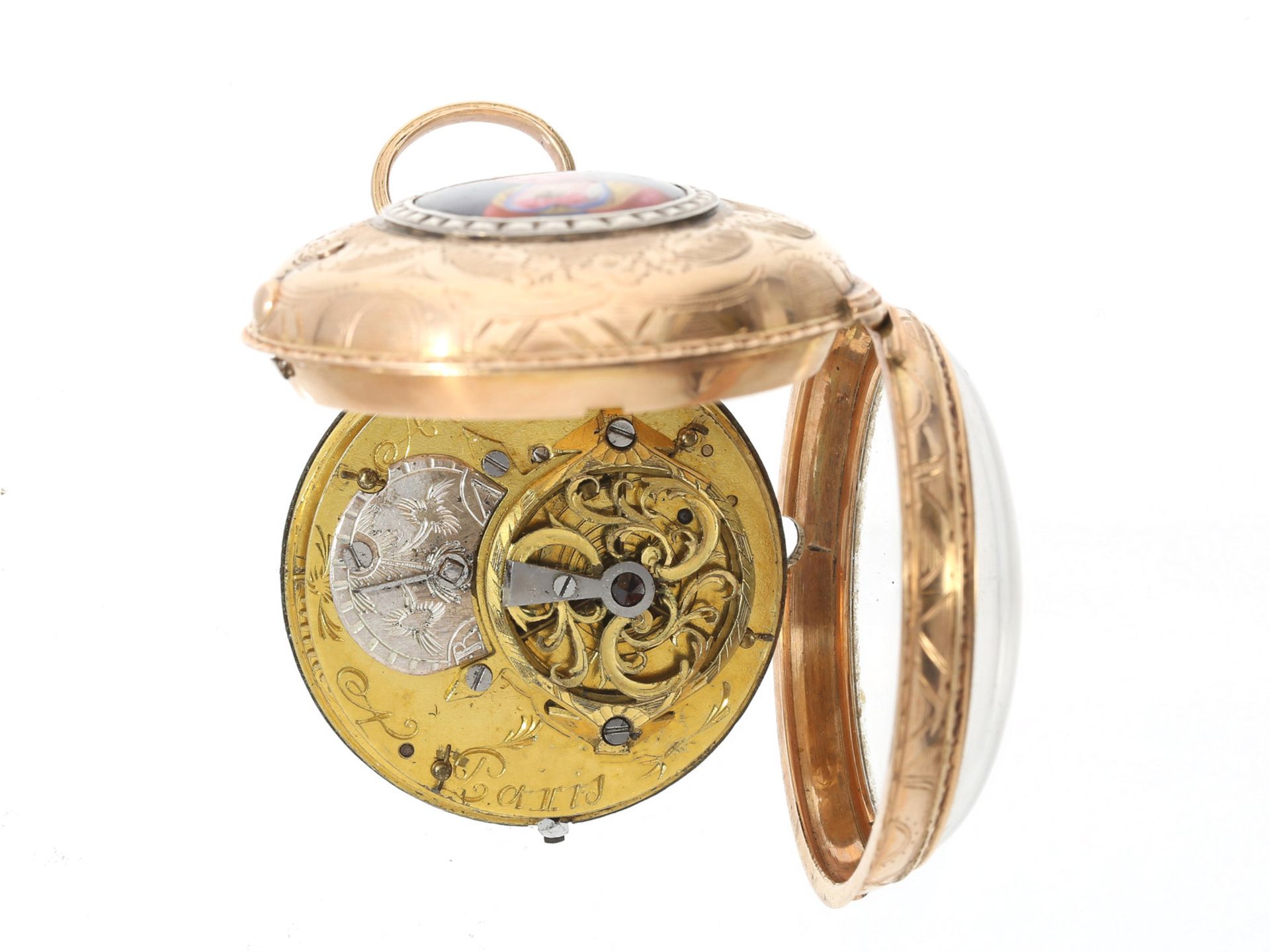 Taschenuhr: attraktive französische rotgoldene Spindeluhr mit Emaille-Medaillon und verglastem - Bild 3 aus 3