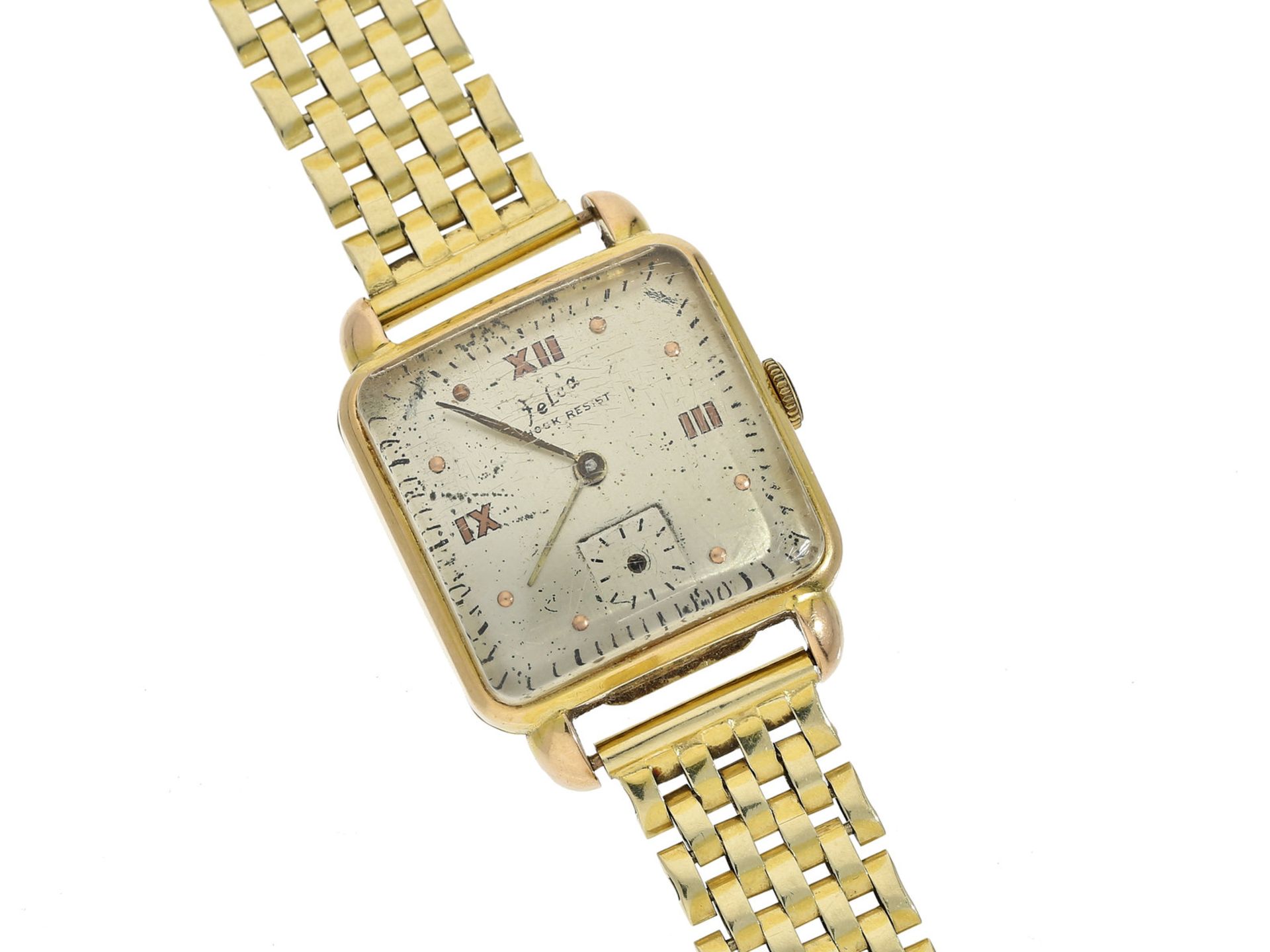 Armbanduhr: seltene, quadratische Herrenuhr, um 1940, Marke Felsa, 18K GoldCa. 26 x 26mm,