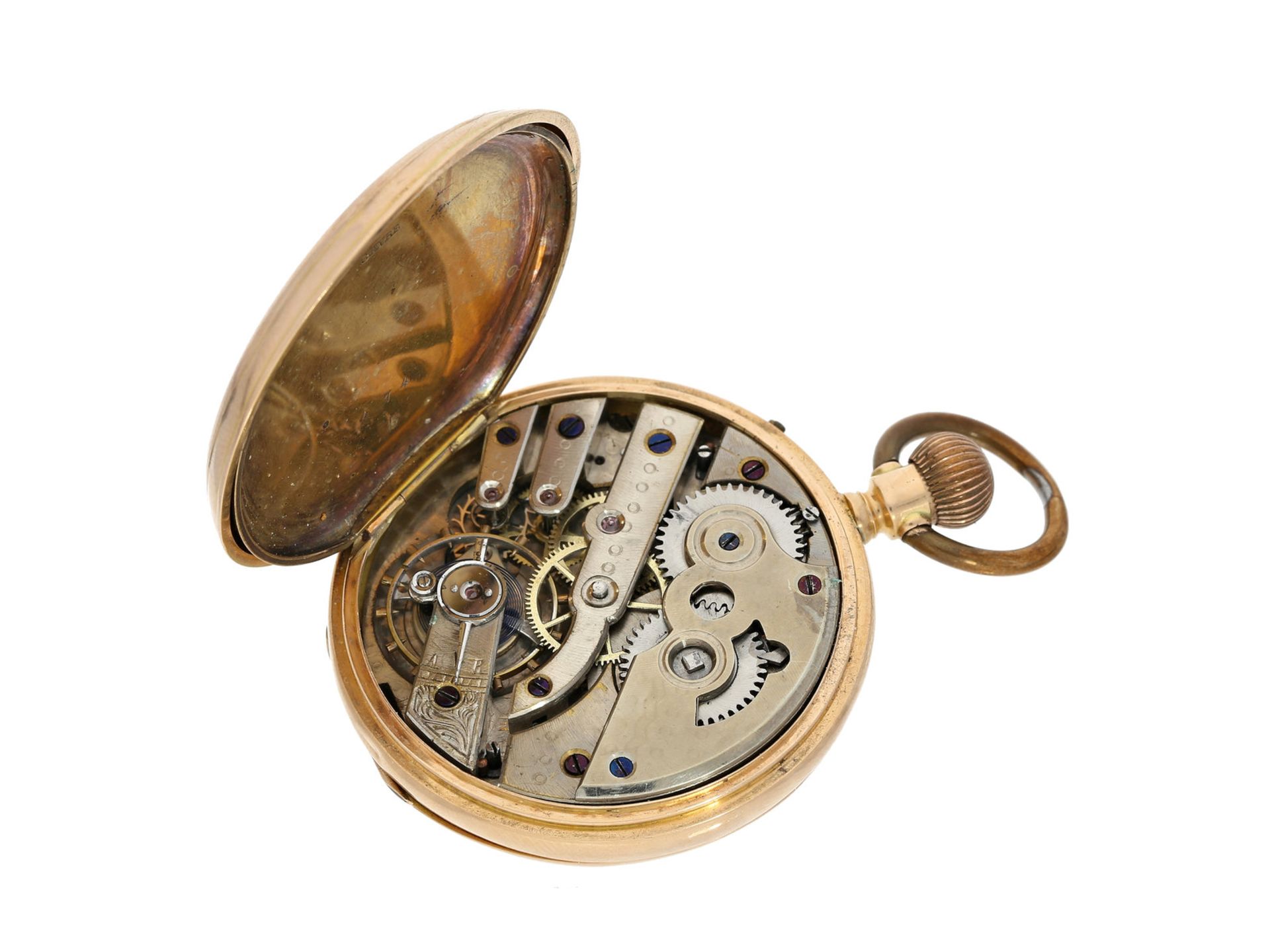 Taschenuhr: kleine, rotgoldene Savonnette mit farbigem Emaillezifferblatt, Schweiz um 1880Ca. Ø46mm, - Bild 3 aus 3