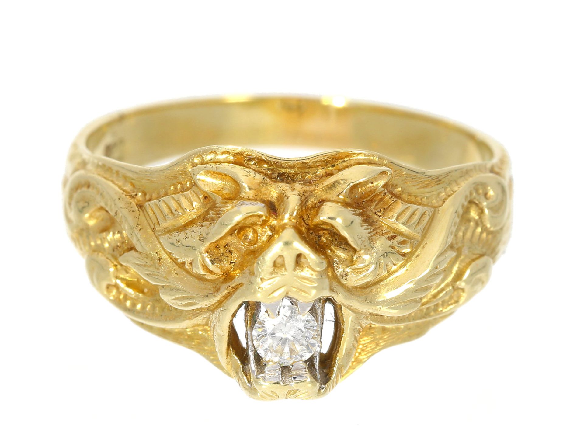 Ring: außergewöhnlicher Goldschmiede-Herrenring mit Brillant, "Bärenkopf"Ca. Ø21mm, RG66, ca. 8,