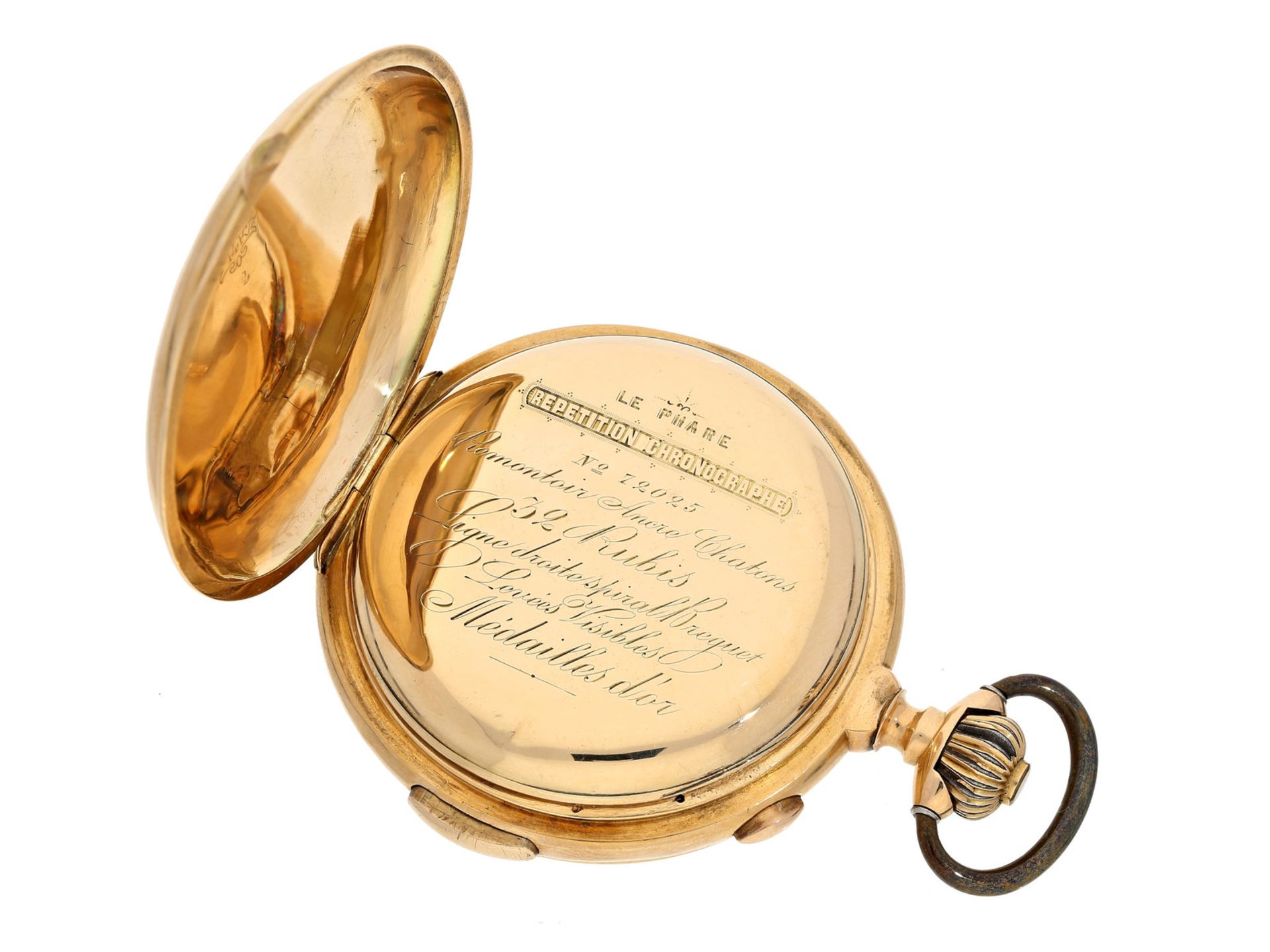 Taschenuhr: große goldene Savonnette mit Repetition und Chronograph, Marke Le Phare, ca. 1890Ca. - Bild 2 aus 3