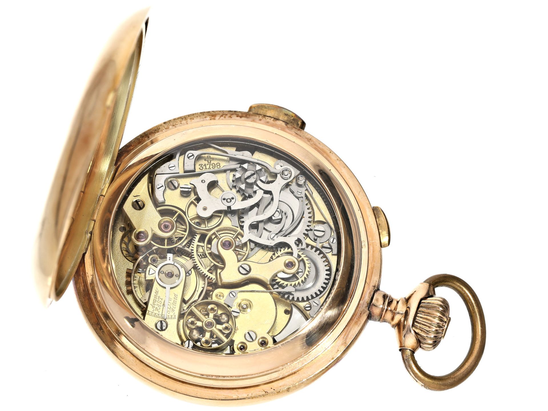 Taschenuhr: schwere goldene Savonnette mit Chronograph und Repetition, Union Horlogere, um 1900Ca. - Bild 2 aus 3