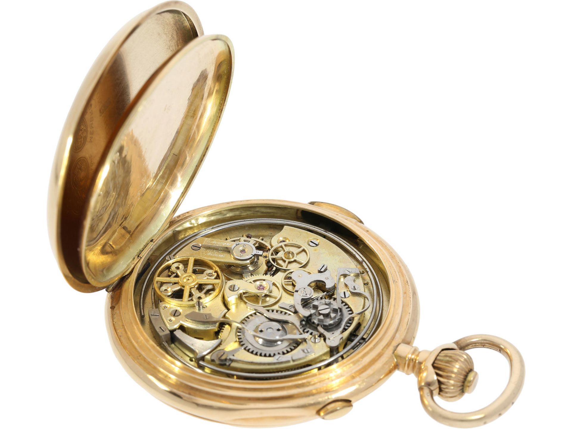 Taschenuhr: schwere, große goldene Savonnette mit Repetition und Chronograph, ca. 1900Ca. Ø60mm, ca. - Bild 3 aus 7