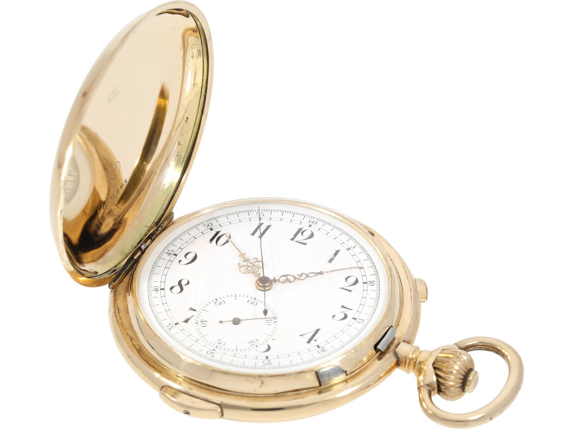 Taschenuhr: schwere, große goldene Savonnette mit Repetition und Chronograph, ca. 1900Ca. Ø60mm, ca. - Bild 5 aus 7