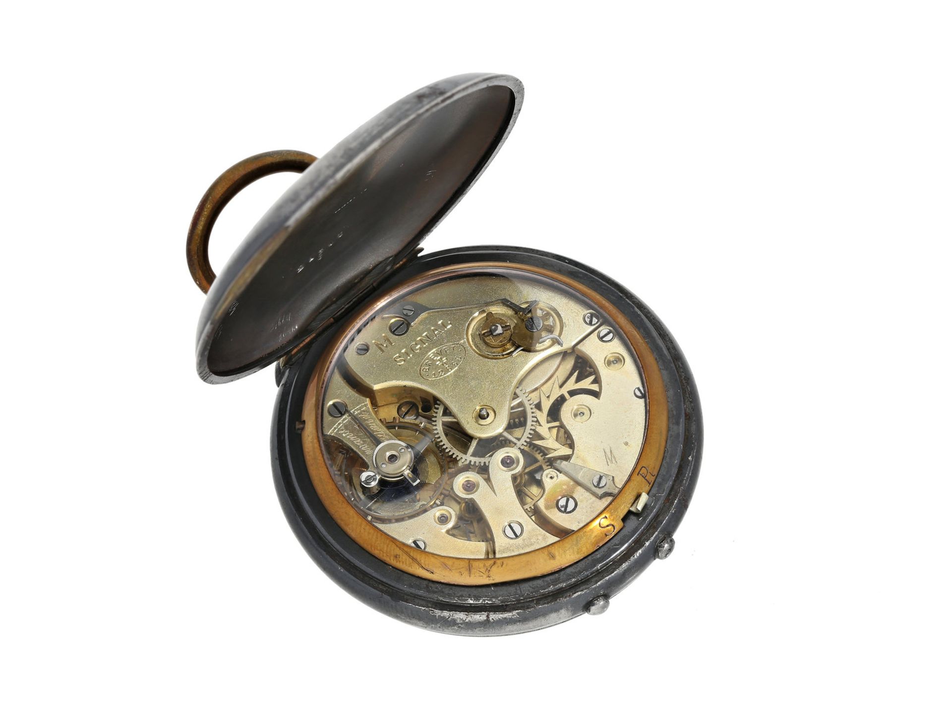 Taschenuhr: Taschenuhr/Reiseuhr mit Wecker, Marke Signal, ca. 1915Ca. Ø55mm, ca. 125g, brüniertes - Bild 2 aus 2