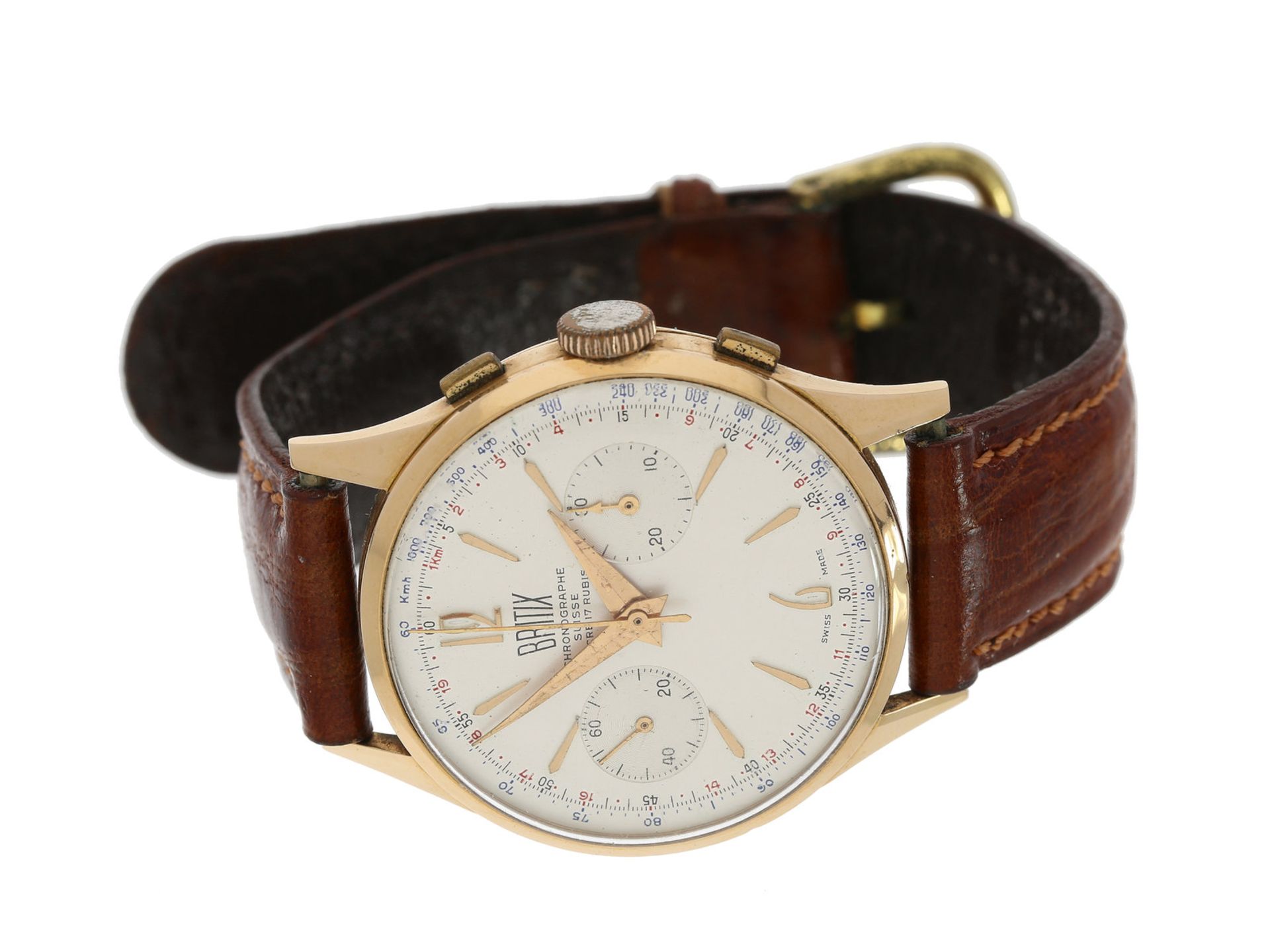 Armbanduhr: großer vintage 18K Gold Chronograph, Schweiz ca. 1950, Marke BritixCa. Ø36mm, 18K