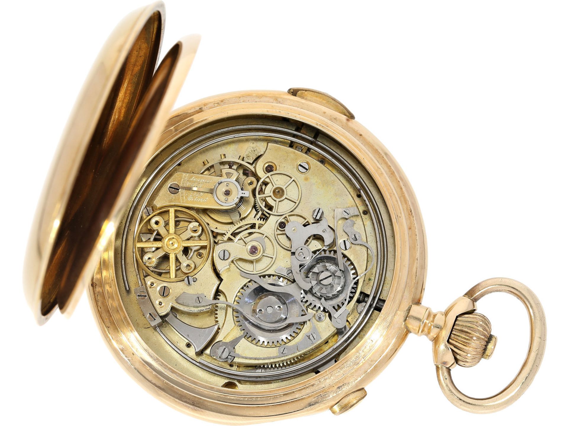 Taschenuhr: schwere, große goldene Savonnette mit Repetition und Chronograph, ca. 1900Ca. Ø60mm, ca. - Bild 2 aus 7