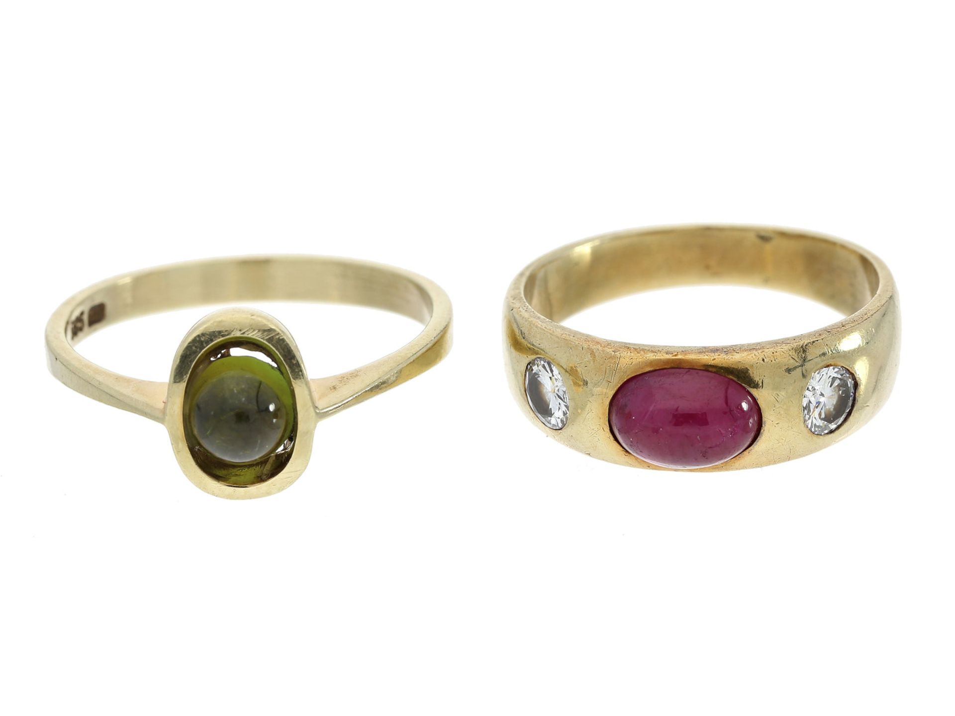 Ring: 2 vintage Goldringe mit Brillant- sowie Farbsteinbesatz, 14K Gold1. ca. Ø17mm, RG53, ca. 2,7g,