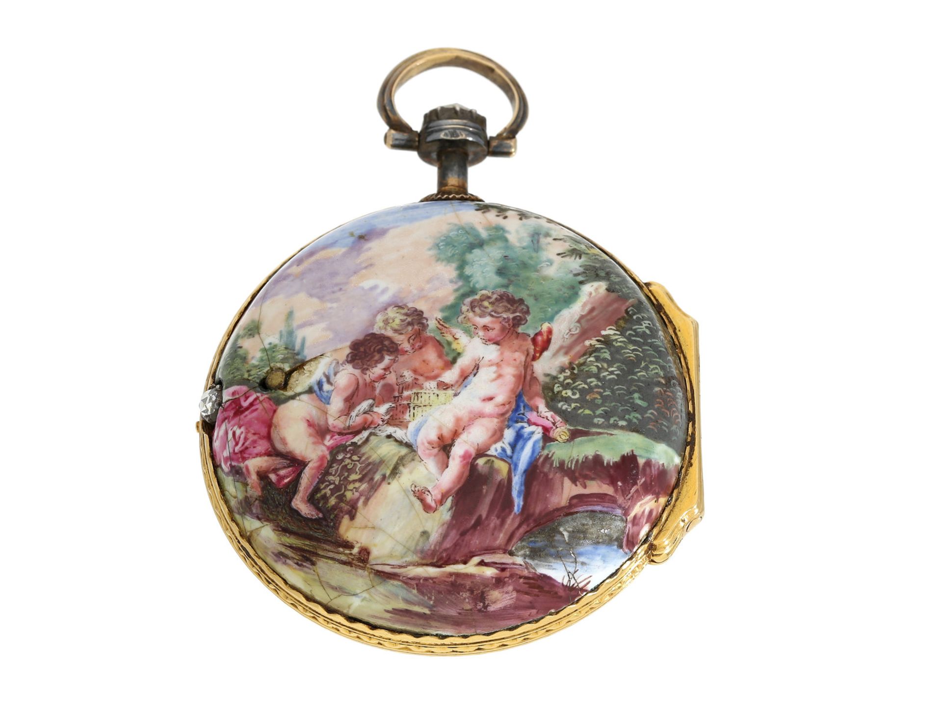 Taschenuhr: Rarität, Rokoko Spindeluhr mit Porzellangehäuse und Diamantbesatz, ca.1750Ca. Ø45mm, ca.